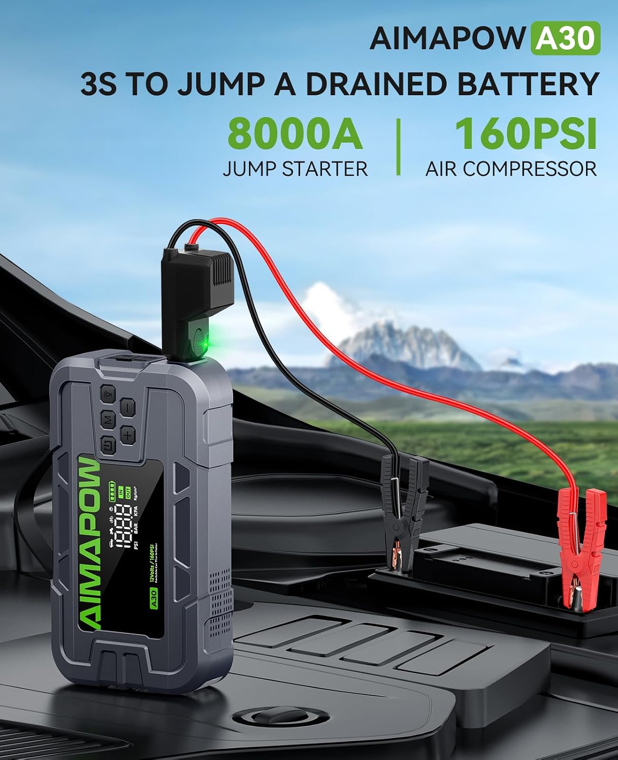 Thumbnail 1 de Car Battery Jump Starter with Air Compressor, 8000A, 160 PSI – 12V Portable, Quick Charge, 270° LED Light
