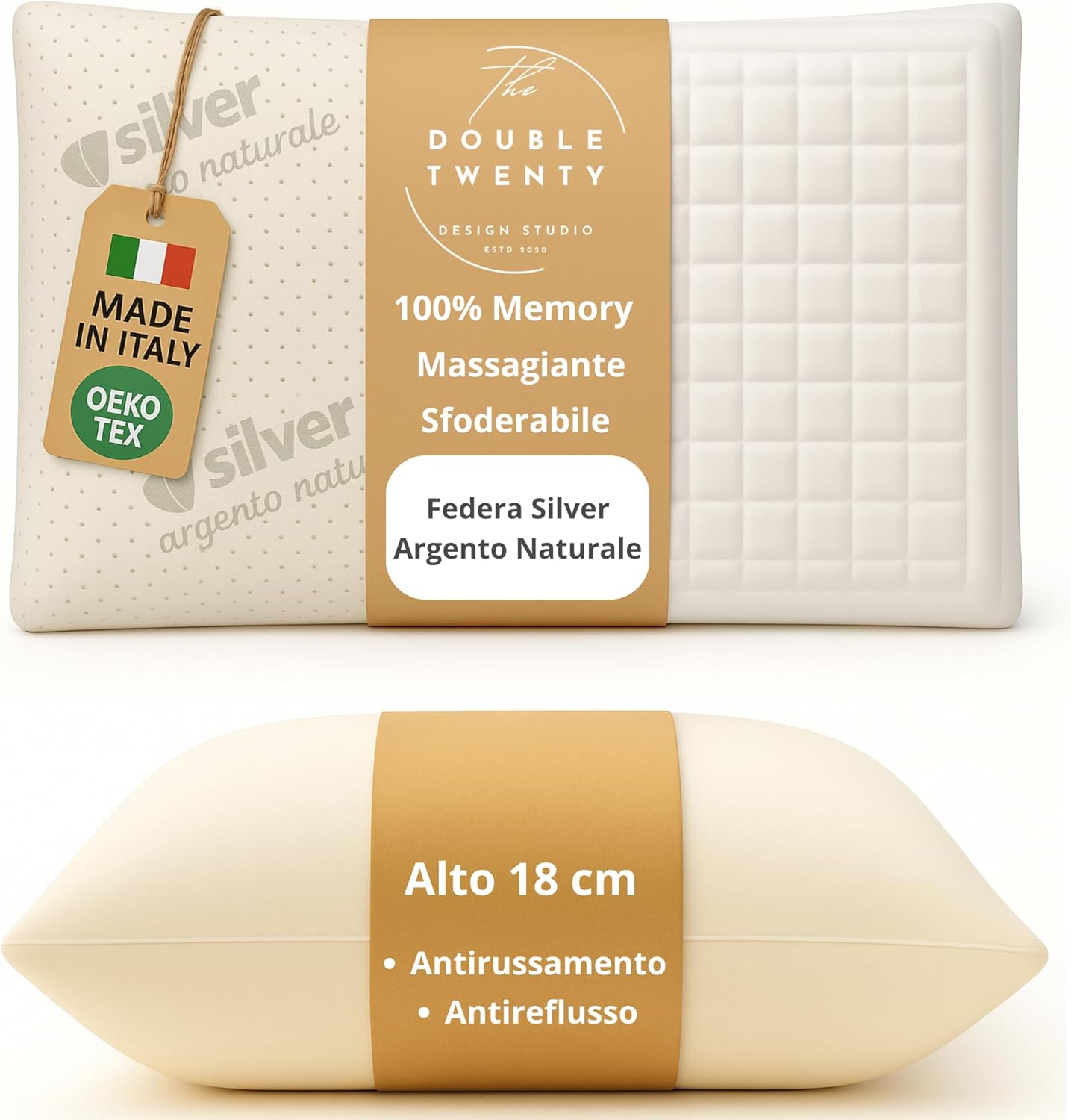 The Double Twenty Cuscino Antirussamento in Memory Foam – Sostegno Ergonomico alto 18 cm con fodera in argento naturale