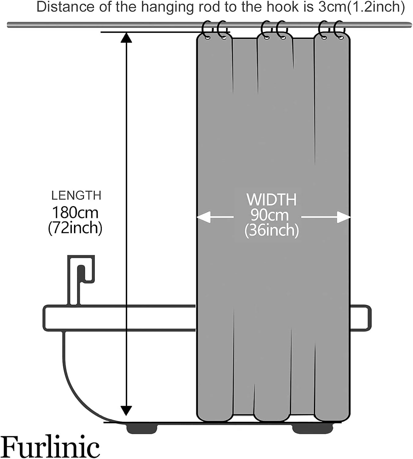 Thumbnail 6 de Furlinic schmaler Duschvorhang 90x180 cm für Eckduschen – Wasserabweisend, schimmelresistent, mit 6 Duschringen