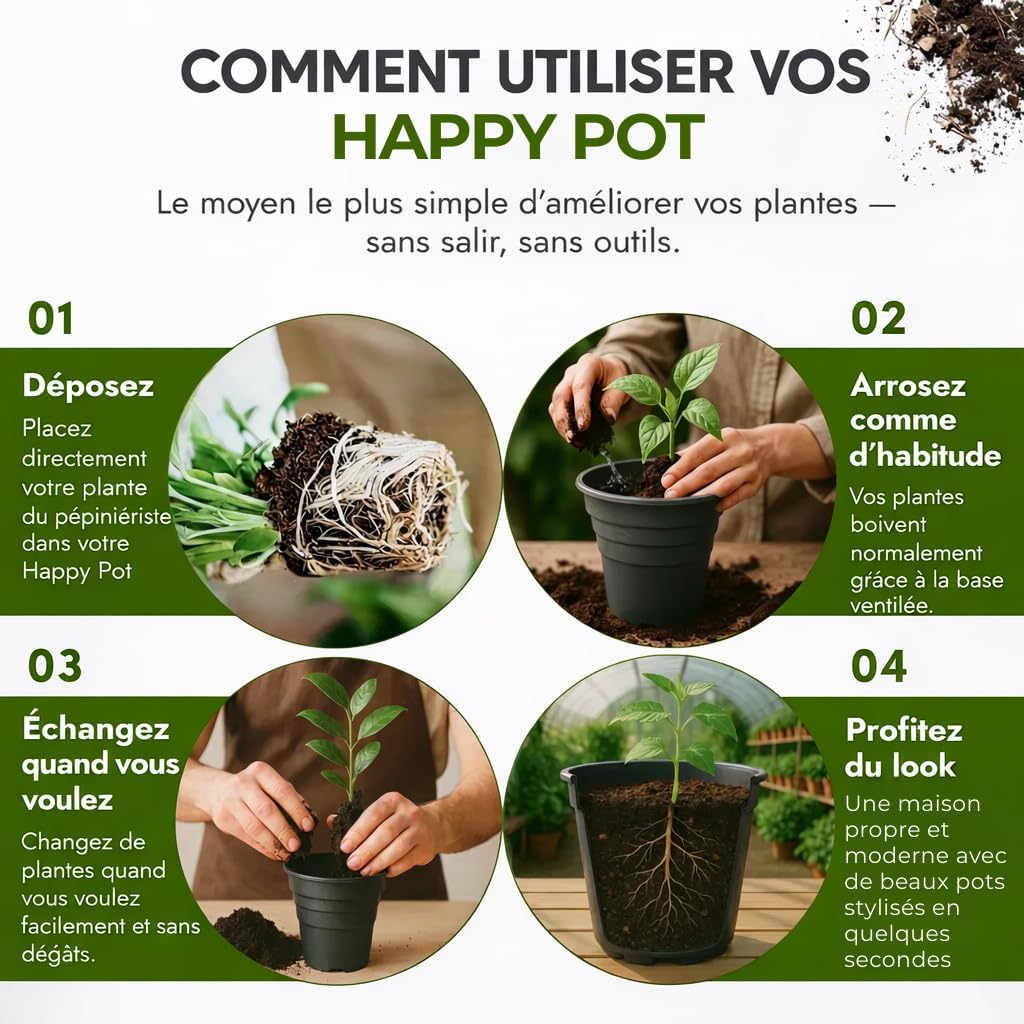 Detalle de Happy Pots pots de fleurs en plastique 12,5 cm (lot de 5) avec trous de drainage – noir, fabriqués au Royaume-Uni
