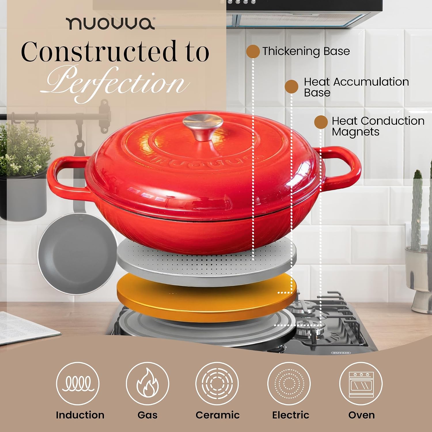 Detalle de Nuovva Shallow Cast Iron Casserole with Lid (3.7-Quart, 30cm) – Enamelled Non-Stick Dutch Oven Pot, Red