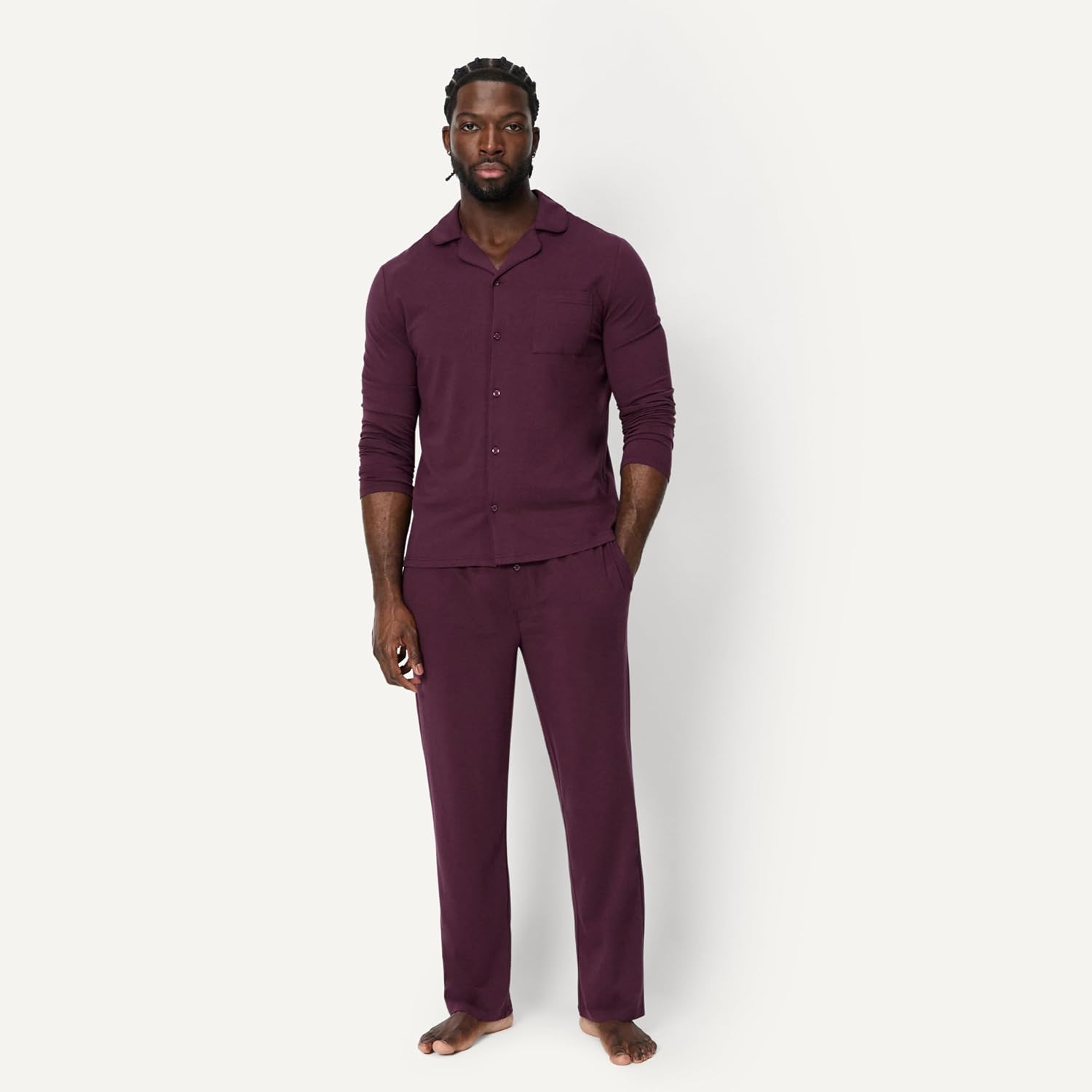 Detalle de Amazon Essentials Men's Cotton-Modal Pyjama Set, Long Sleeve Shirt and Trousers