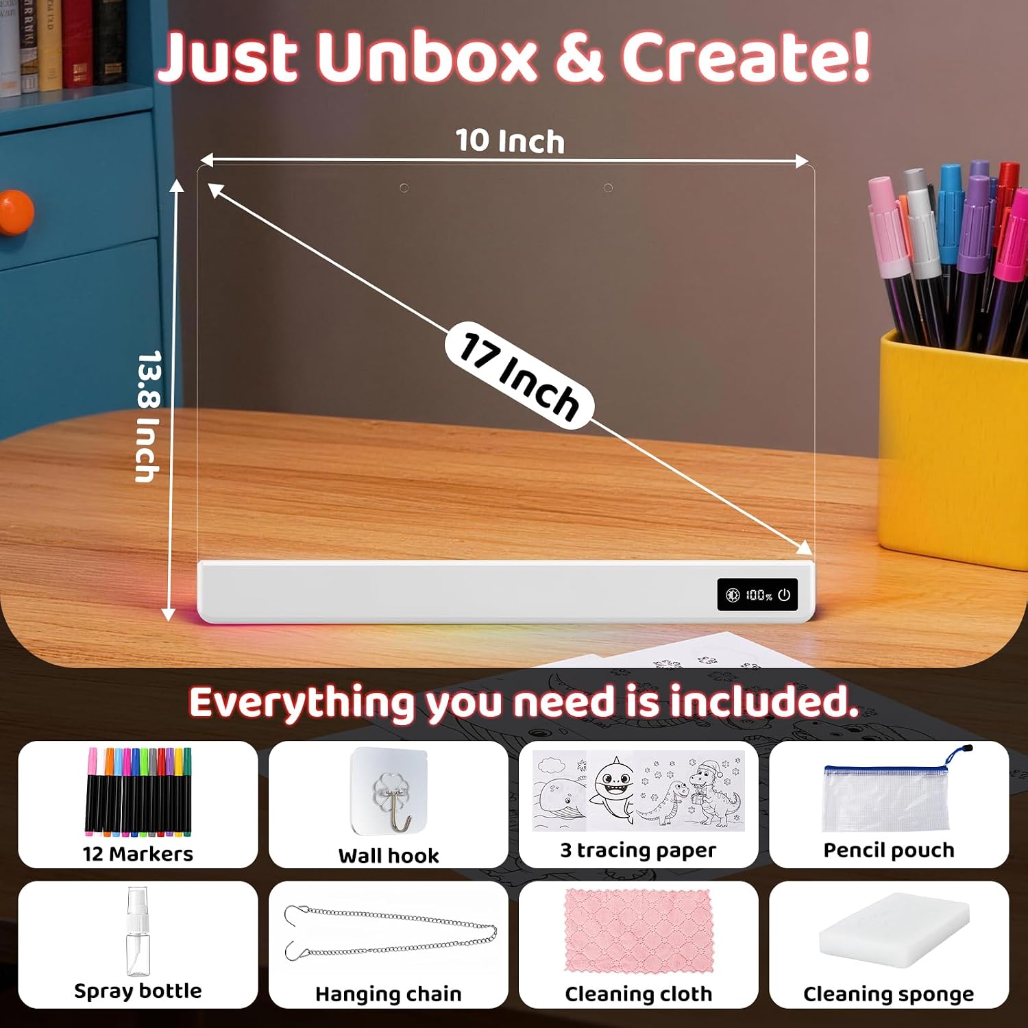 Detalle de SROT led1-1 17-Inch LED Drawing Board, Rechargeable Acrylic Dry-Erase Pad