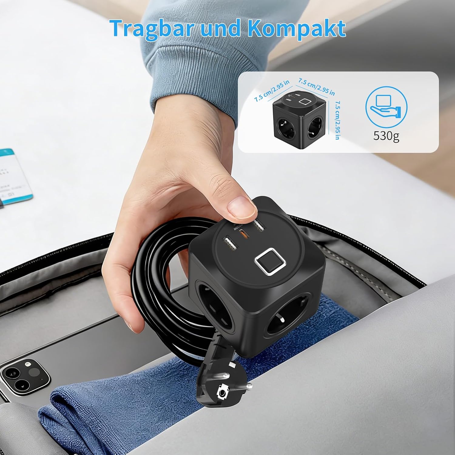 Detalle de Steckdosenwürfel mit USB – 6-in-1 USB-Steckdosenleiste, 3x EU-Steckdosen + 2x USB-A + 1x USB-C, 3680 W, PD 20 W, 2 m Kabel, Schutz