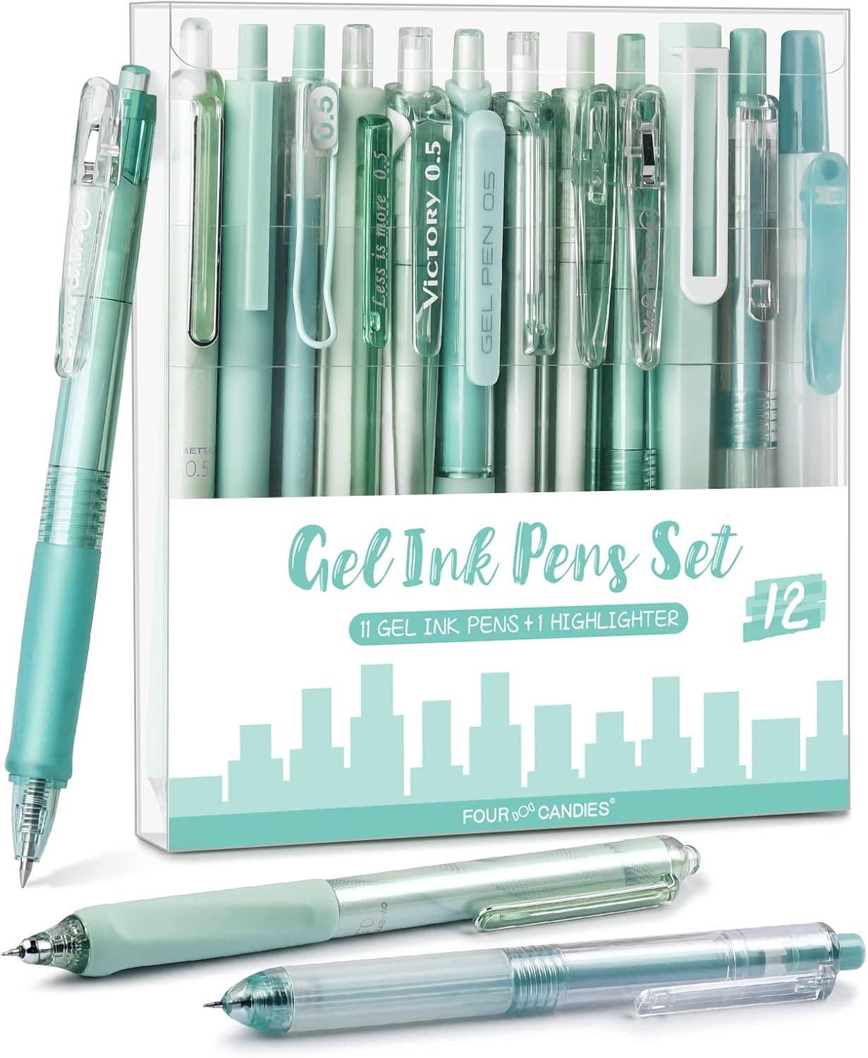 Detalle de Four Candies Gel Pen Set (Forest Series) – 0.5mm fine tip retractable pens with black & green ink and highlighter, pack of 12