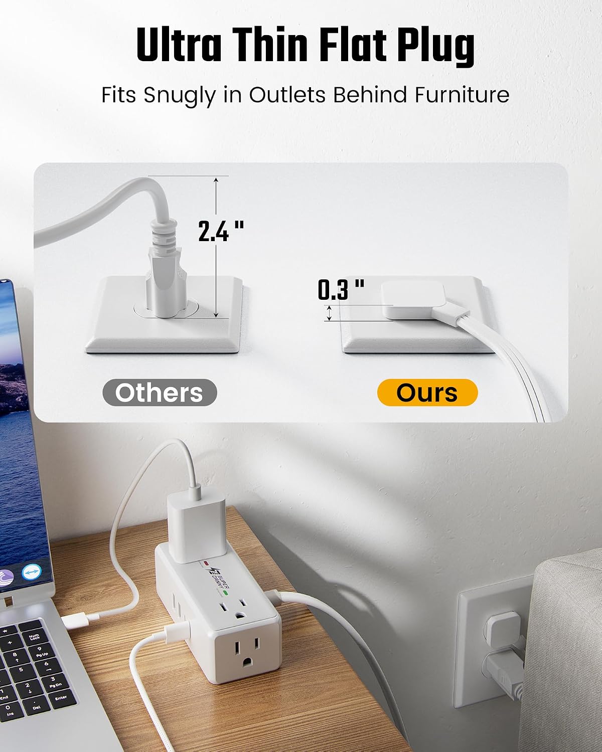 Detalle 2 de SUPERDANNY SDCP09 Power Strip with 4 AC Outlets, 4 USB Ports and 3-Ft Cord