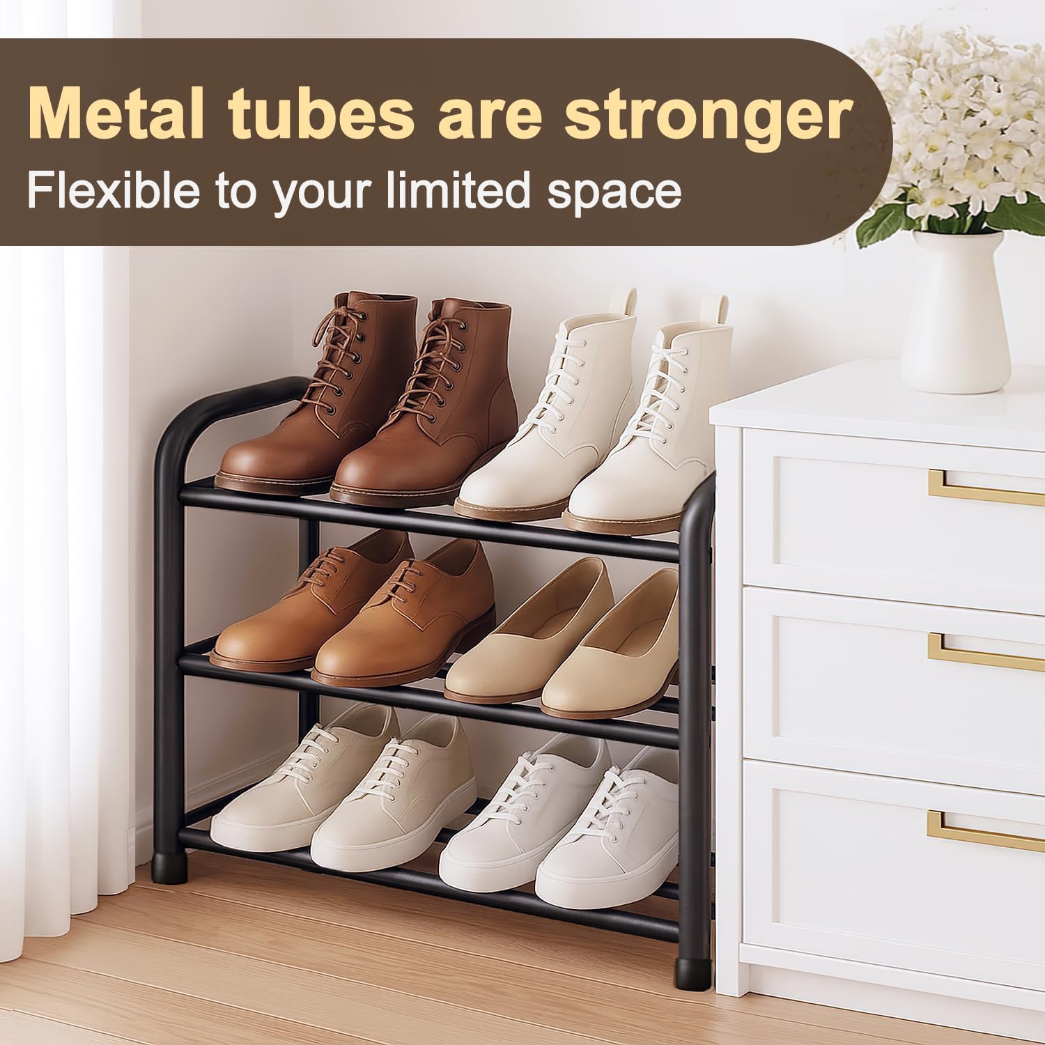 Thumbnail 4 de MIKVOYO 3-Tier Extendable Shoe Rack – Black Metal, Adjustable to Suit Small Spaces