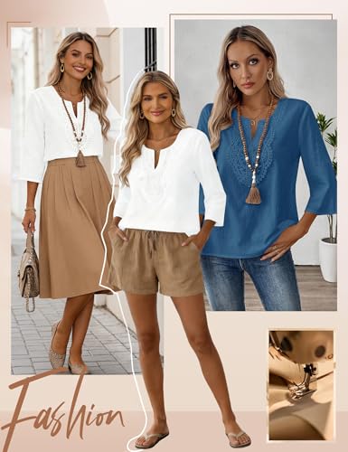 Thumbnail 2 de Rapbin Womens Tops 3/4 Sleeve Cotton Linen V Neck Boho Lace Casual Blouses