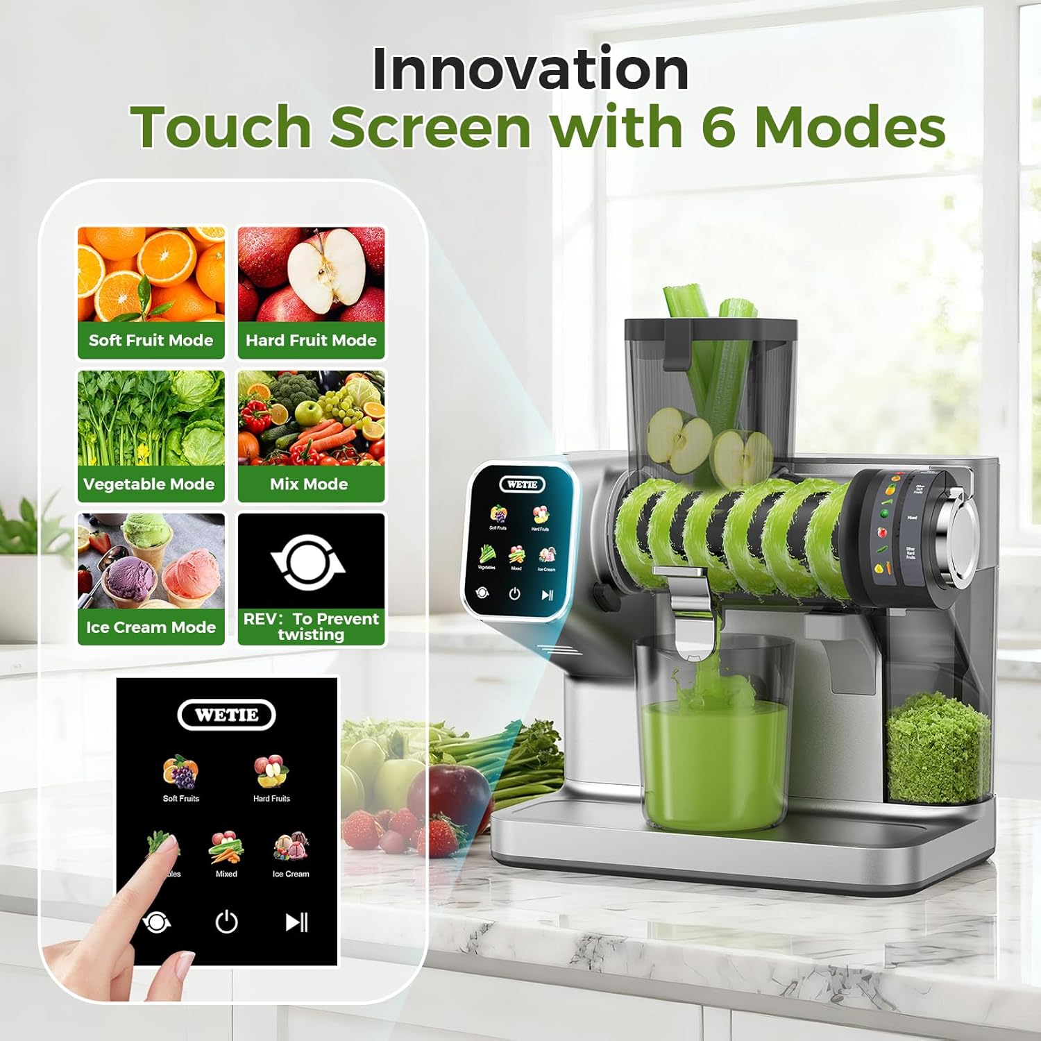 Detalle 2 de WETIE Cold Press Juicer with Touch Screen, Adjustable Juicing Pressure & 3.54'' Feed Chute