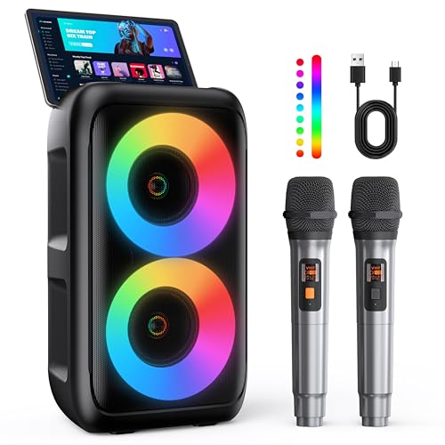 Detalle de HEEBUKE Karaoke Maschine mit 2 kabellosen Mikrofonen – Tragbarer Bluetooth Lautsprecher 2x10W