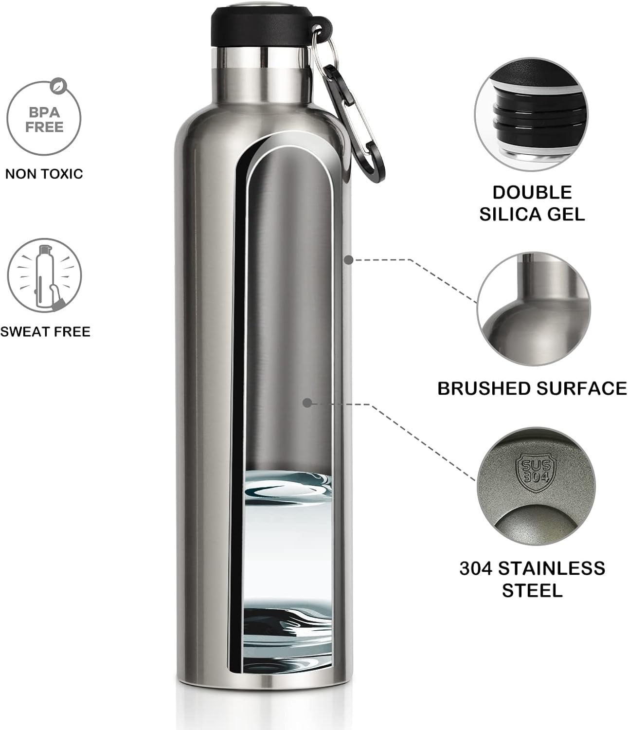 Detalle de FEIJIAN stainless steel vacuum water bottle (leak-proof, BPA-free) – 750ml/1000ml sports flask