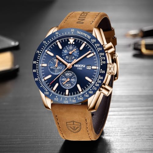 Thumbnail 6 de NIBOSI Reloj de hombre analógico cronógrafo 45 mm — oro rosa/plata, resistencia 3 ATM, cuero cosido a mano