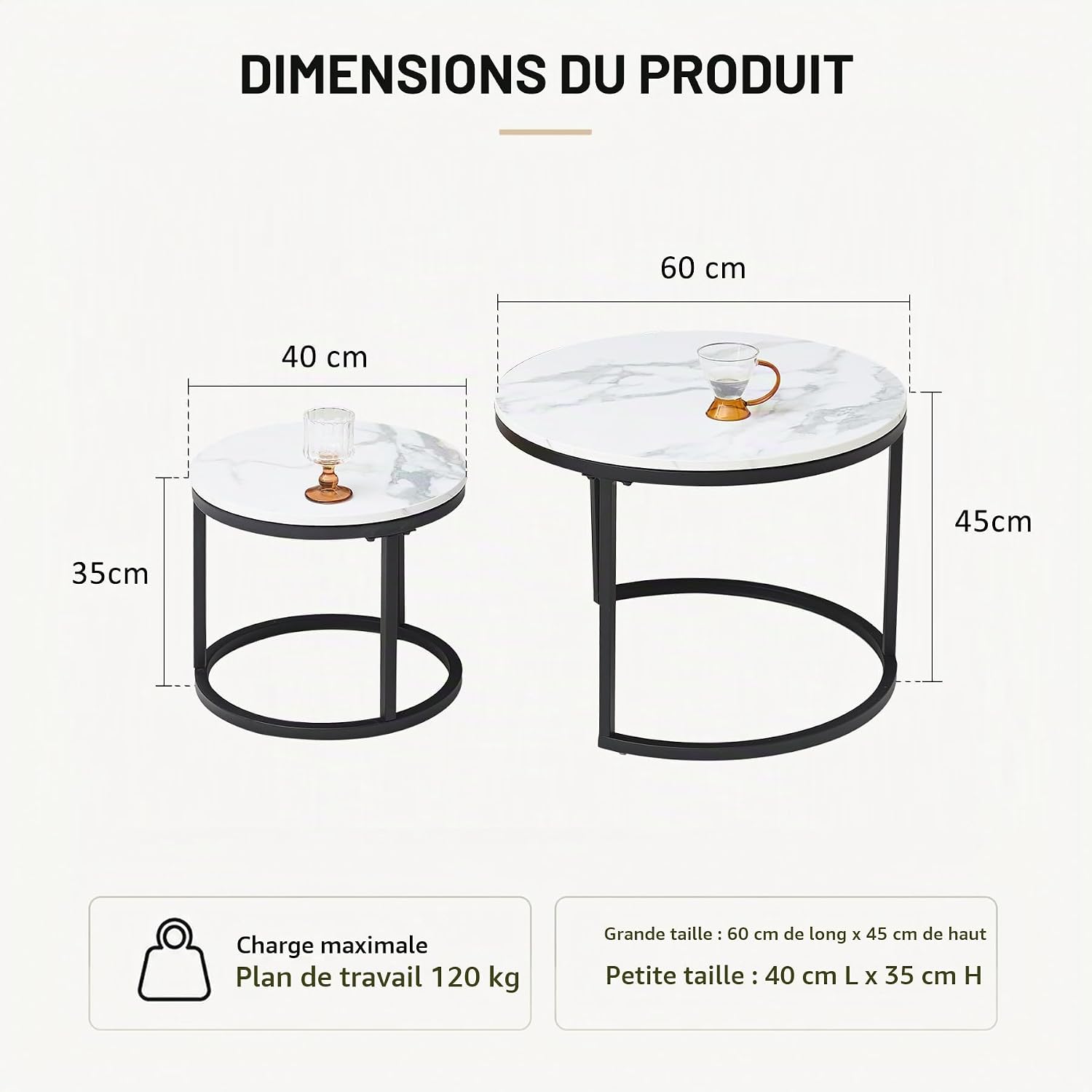 Detalle 2 de HJhomeheart set van 2 ronde bijzettafels, zwart-wit met marmerlook