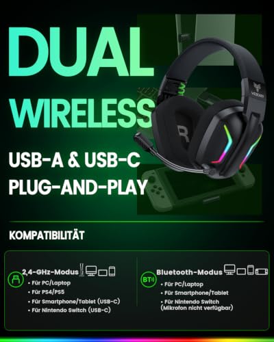 Detalle 2 de WESEARY WG1 Gaming-Headset kabellos mit 50-mm-Treibern, ENC-Mikrofon und 60 Stunden Akku