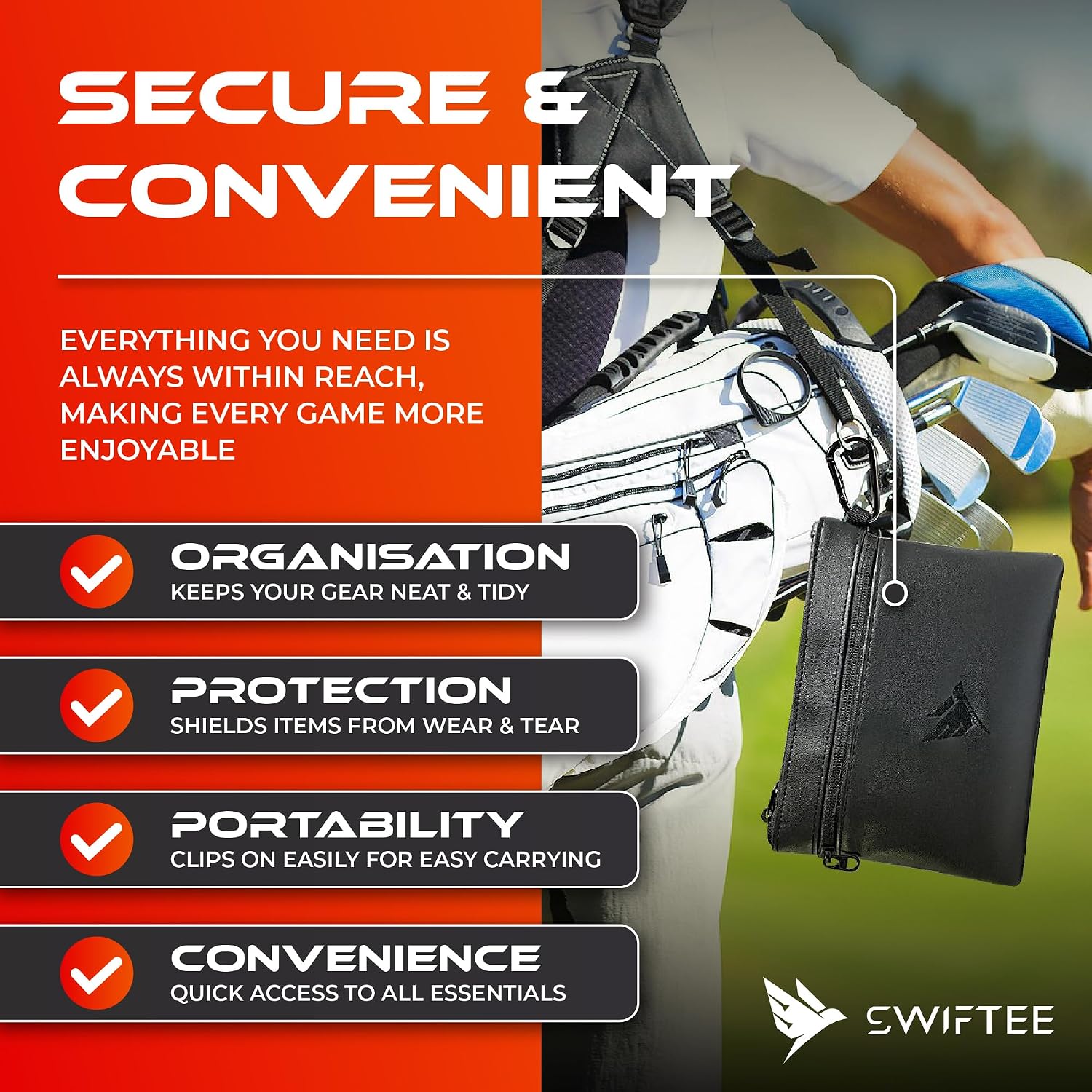 Thumbnail 6 de Swiftee Golf Valuables Pouch with Zip, Fleece Lining & Carabiner Clip