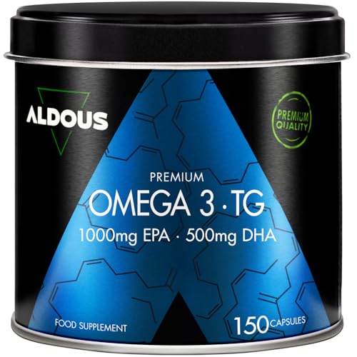 Detalle de Omega 3 Capsulas Premium de Aldous Bio: 1500 mg de Omega 3 (EPA 1000 mg / DHA 500 mg) en TG, 150 cápsulas