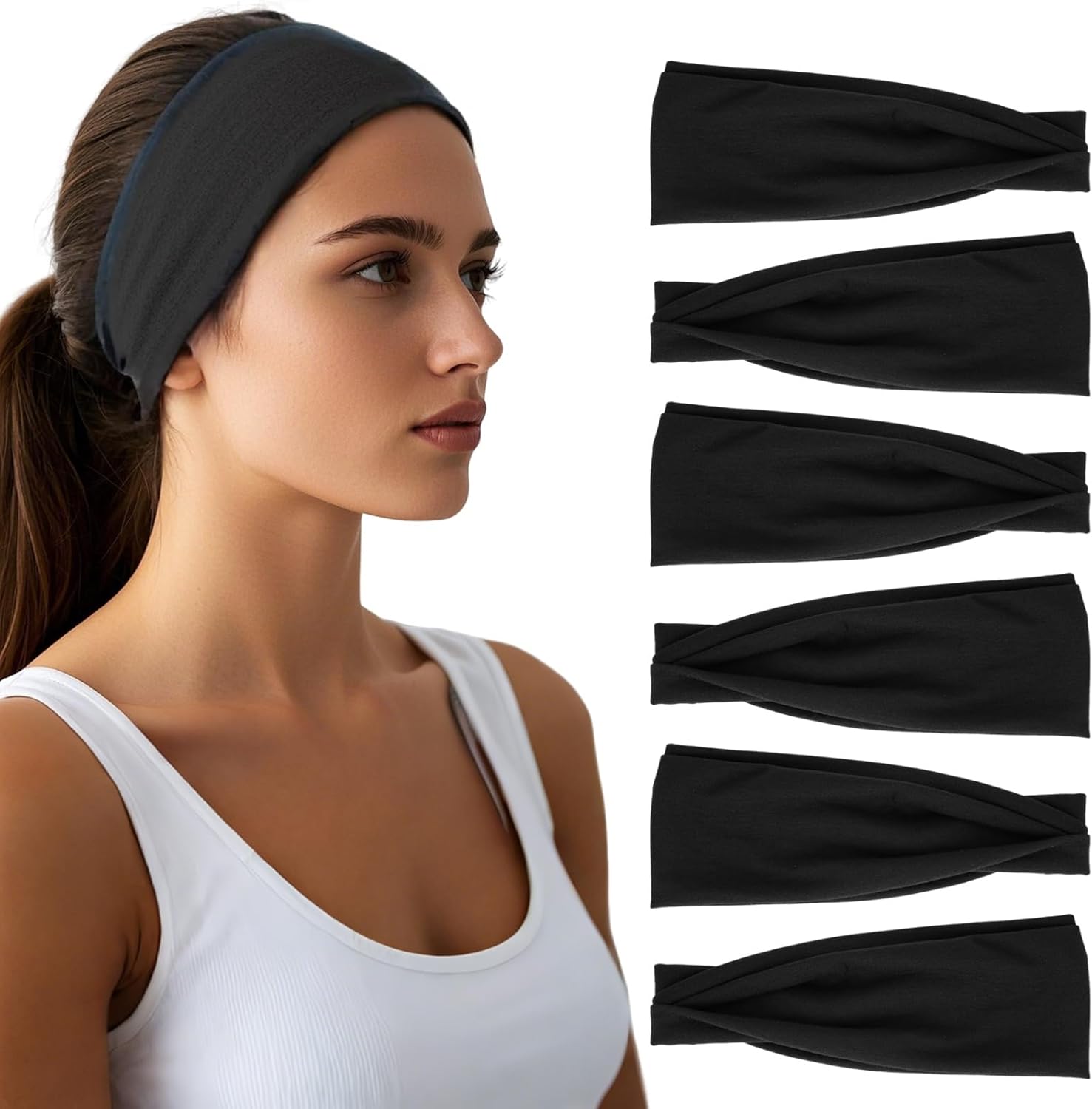 Women’s Wide Elastic Headbands (6-Pack) — Moisture-Wicking Sweatband Hair Bands