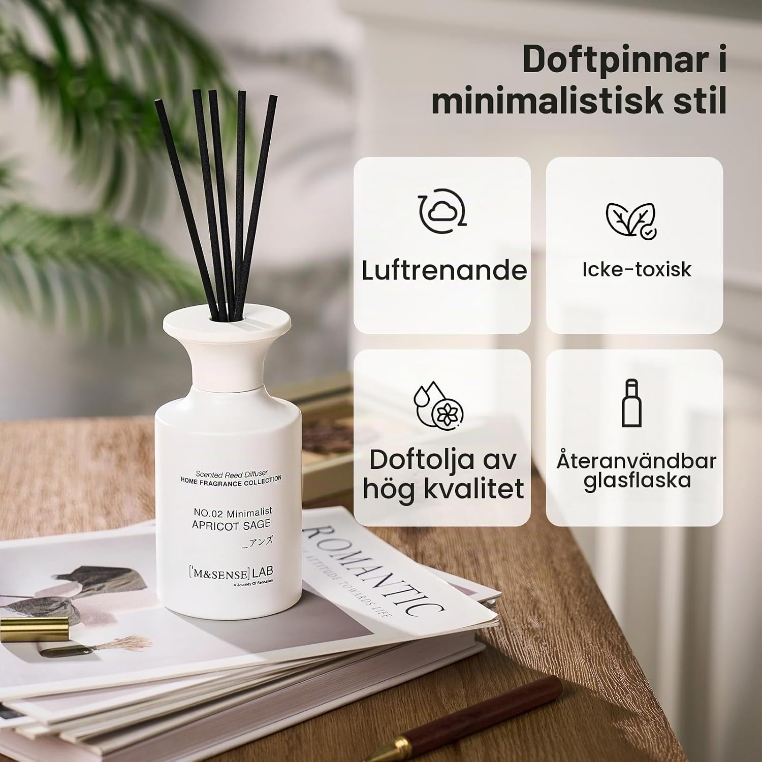Detalle 2 de M&SENSE 300 ml rumsdoft med aprikos och salvia, 8 doftpinnar