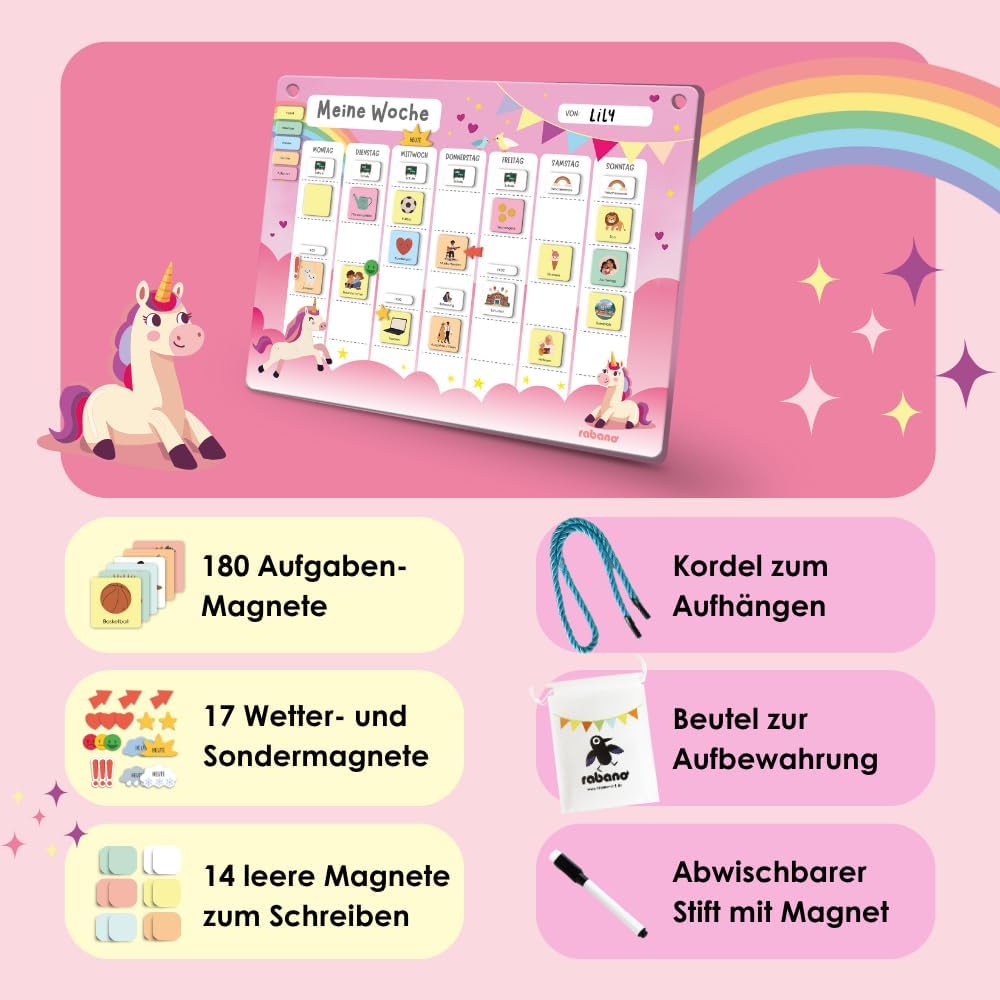 Thumbnail 4 de Rabano Art Wochenplaner für Kinder mit 200 Magneten – abwischbare Magnettafel „Einhorn“