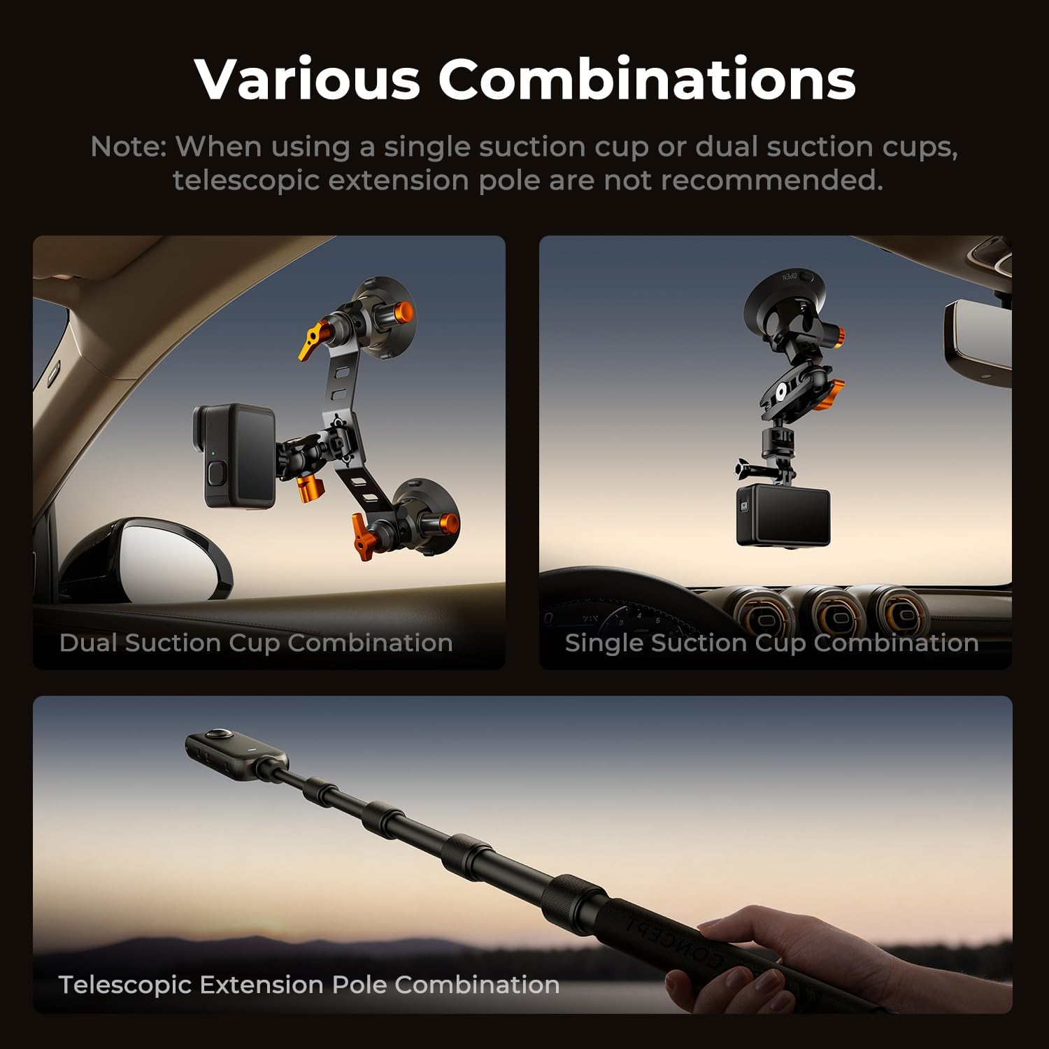 Thumbnail 5 de K&F CONCEPT Saugnapfhalterung-Set mit 360° Kugelkopf, Schnellmontage für Auto & Selfie-Stick Adapter (für GoPro/Insta360-kompatibel)