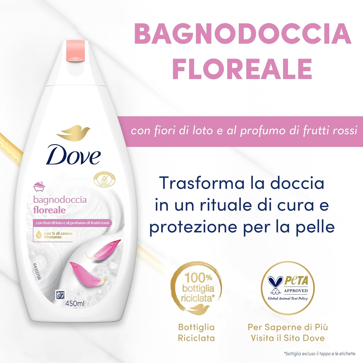Detalle de Dove Bagnodoccia Floreale Idratante Dermo-Naturale: flore di loto e frutti rossi, confezione riciclata