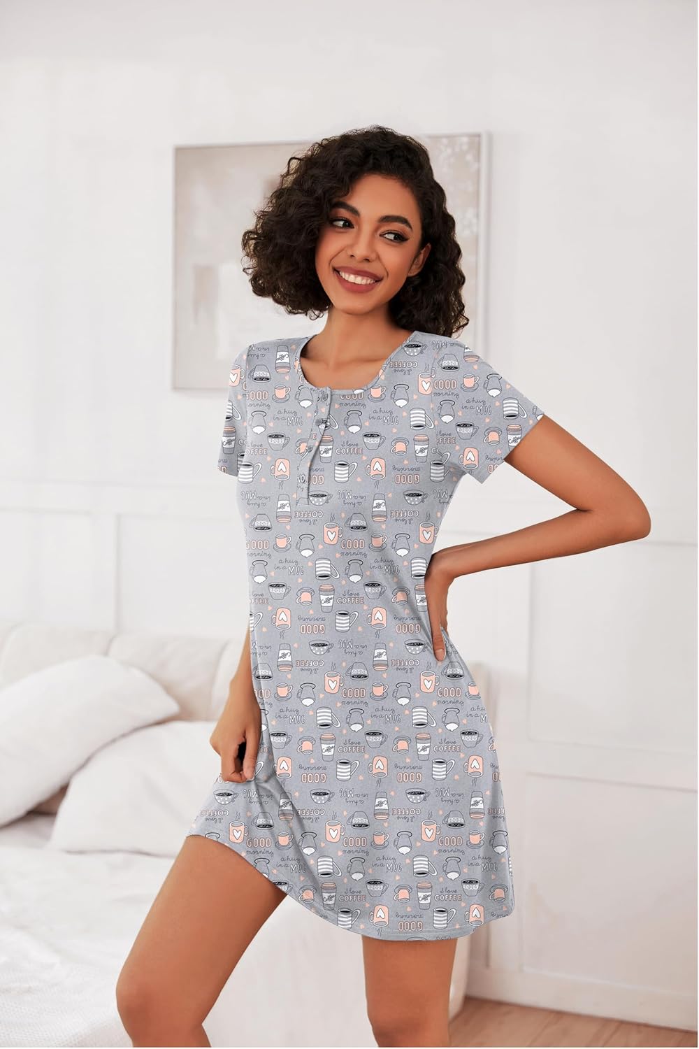 Detalle de Ekouaer 3-Pack Women’s Short-Sleeve Nightgowns, Button-Down, Raglan & Classic