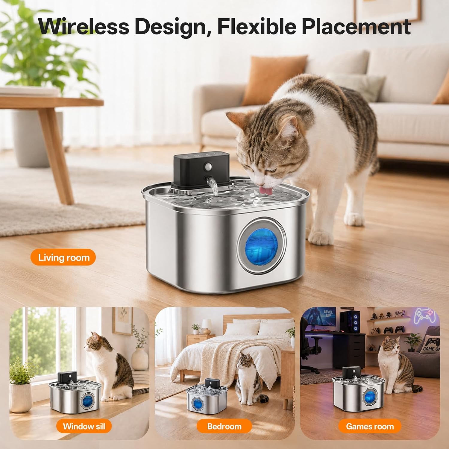 Detalle de VinDox Wireless Cat Water Fountain (108oz/3.2L) – Ultra-Quiet, Battery Powered Stainless Steel