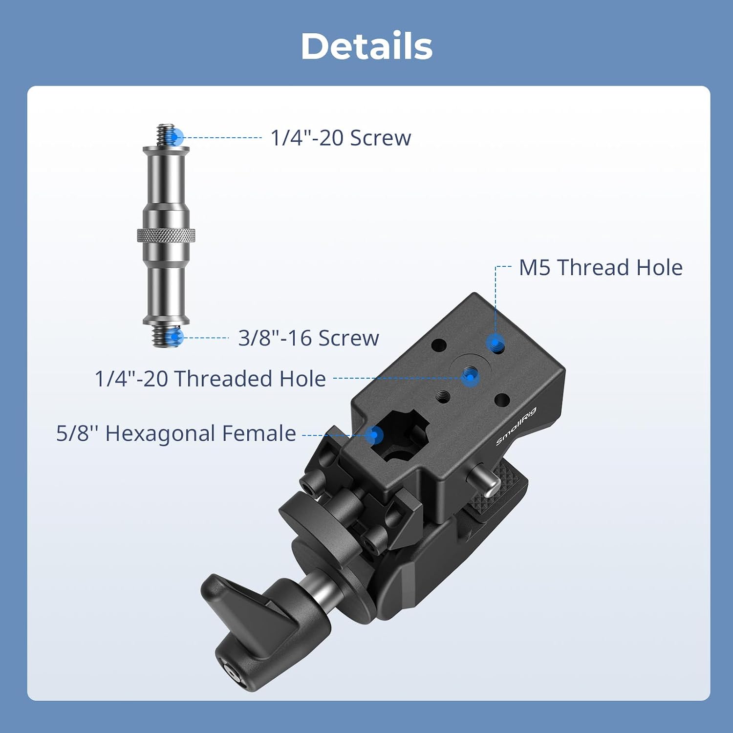 Detalle de SMALLRIG Kit de pinces haute performance (lot de 2) avec filetage 1/4"-20 et 3/8"-16, capacité jusqu’à 15 kg