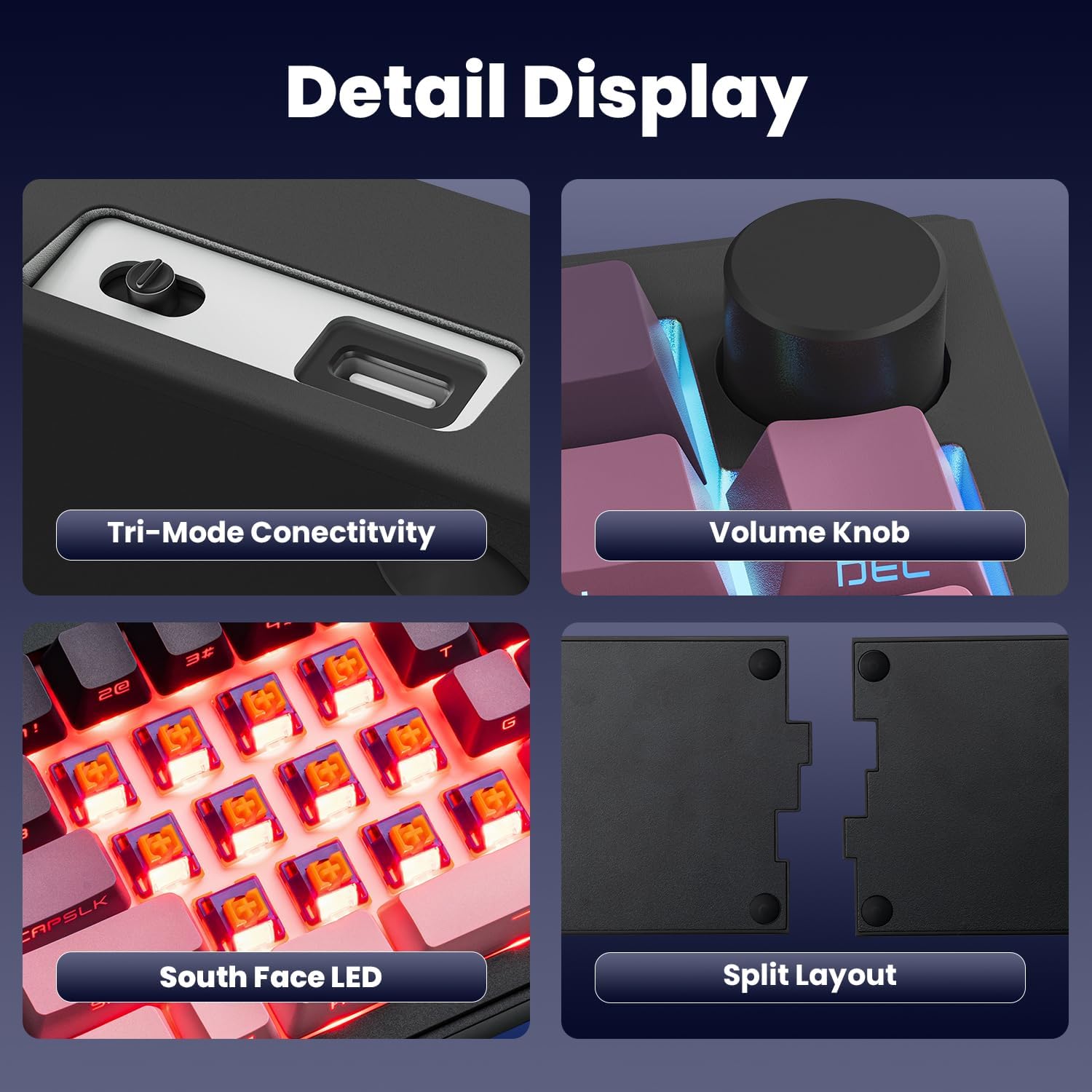 Detalle de ZORNHER ST68 Wireless Ergonomic Split Mechanical Keyboard (65%), Pink & Purple Creamy Keycaps with Knob