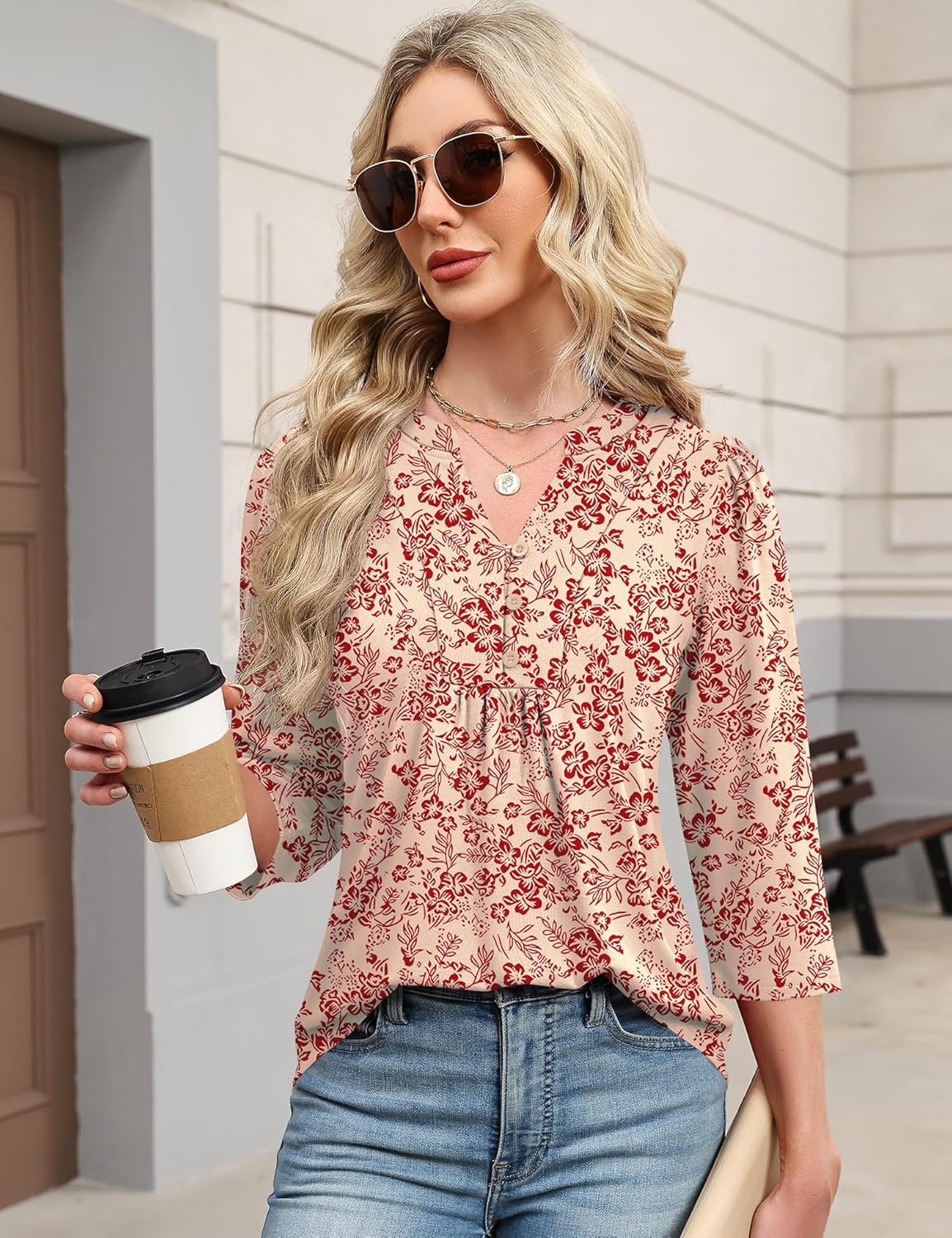 Thumbnail 3 de IECCP 3/4 Length Sleeve Dressy Casual Henley V-Neck Top for Women