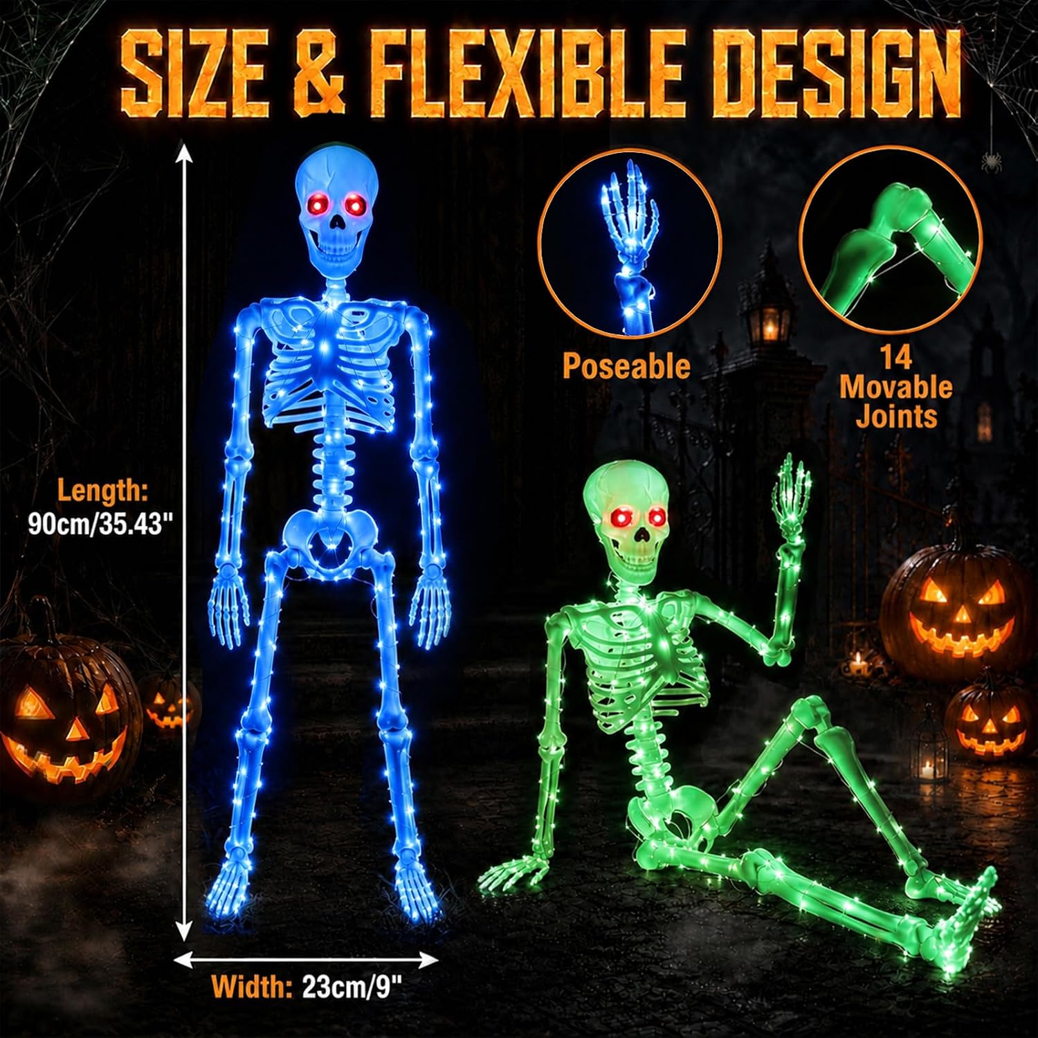 Detalle de daboot Wsj-03 – podświetlany szkielet na Halloween, 90 cm, ruchome przeguby i czerwone oczy