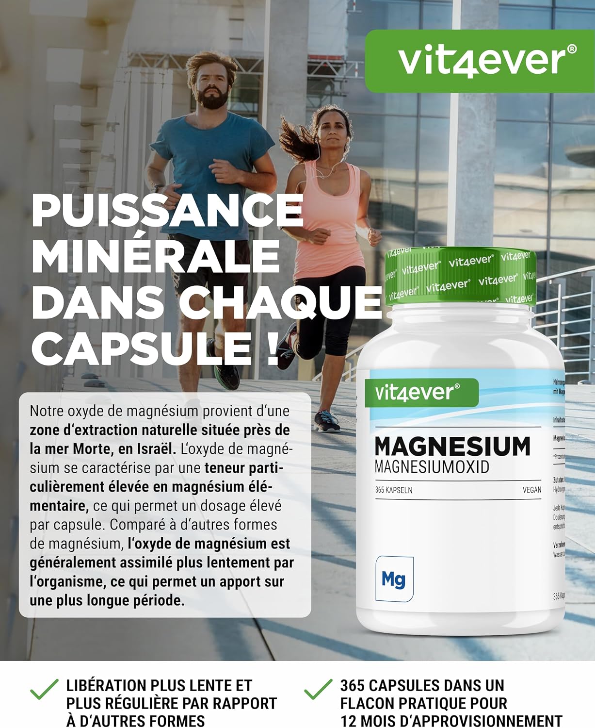 Detalle 2 de Vit4ever Magnésium à haute dose – 365 gélules (réserve annuelle) : 400 mg de magnésium élémentaire
