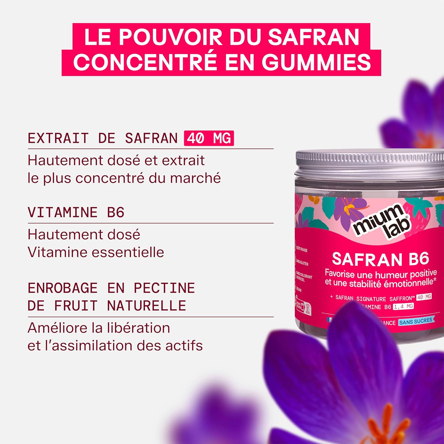 Detalle 2 de Mium Lab Gummies Safran B6 (40 mg) – Complément alimentaire sans sucres, enfants dès 4 ans & adultes