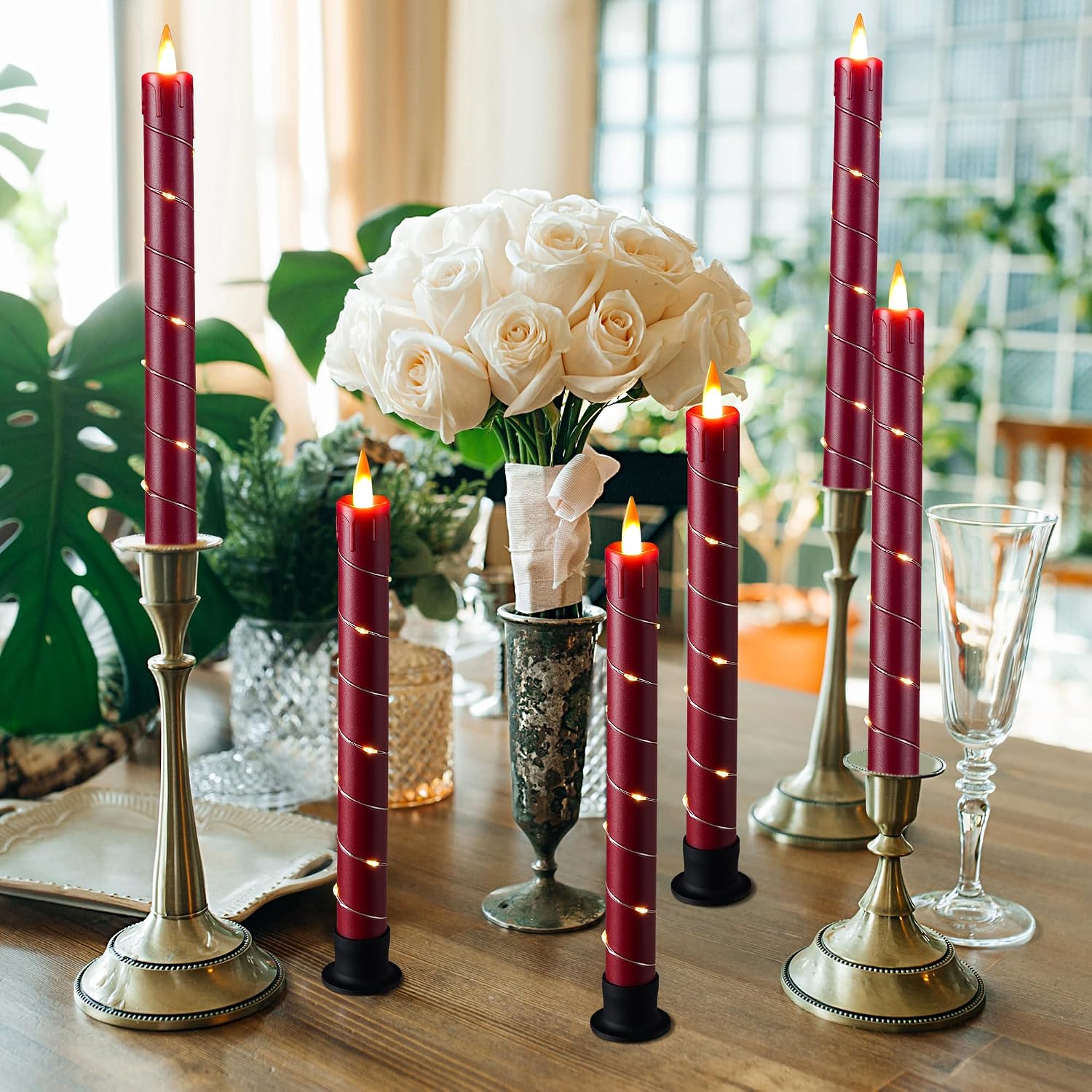Detalle 1 de Da by 3 Pcs Flickering Flameless Battery Operated Taper Candle Red with Remote