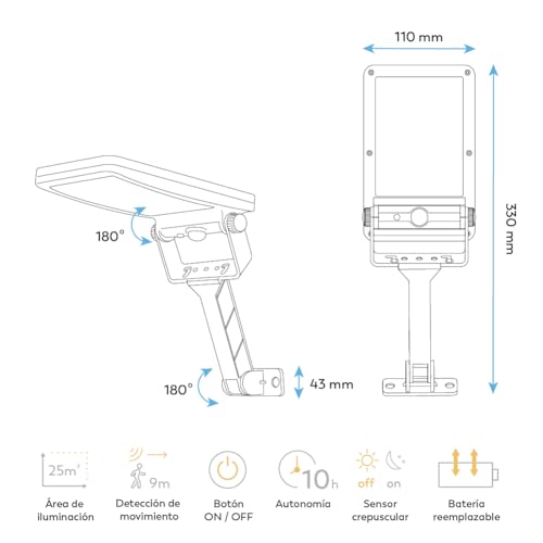 Detalle 2 de Garza Aplique de Exterior Solar LED 4000K 25 m² – Sensor de Movimiento, 3 Modos, IP54, 12 h de autonomía