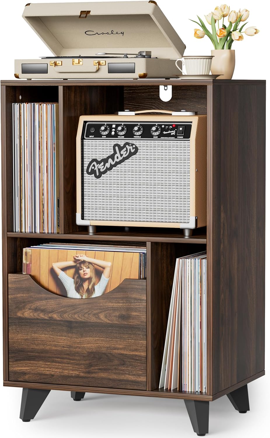 Detalle de Bikoney JIANLE S-01 vinylkast met lade, houten draaitafelmeubel tot 50 kg