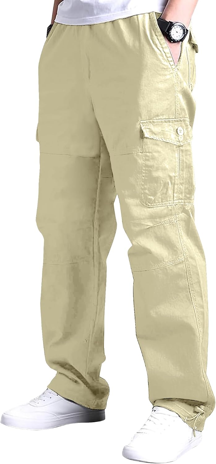 Detalle de YAOBAOLE Pantalons cargo homme à taille élastique, multi-poches pour le travail et les sorties