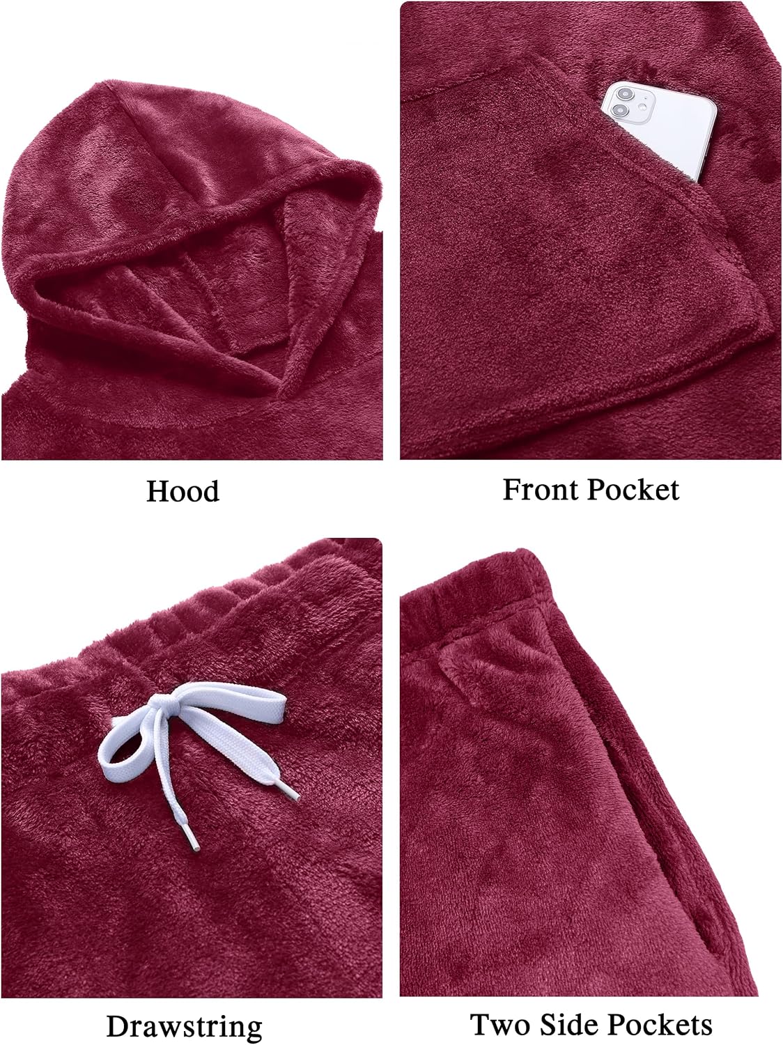 Detalle de Lovasy men’s fleece pyjamas set (2-piece) with fluffy hoodie – warm winter loungewear