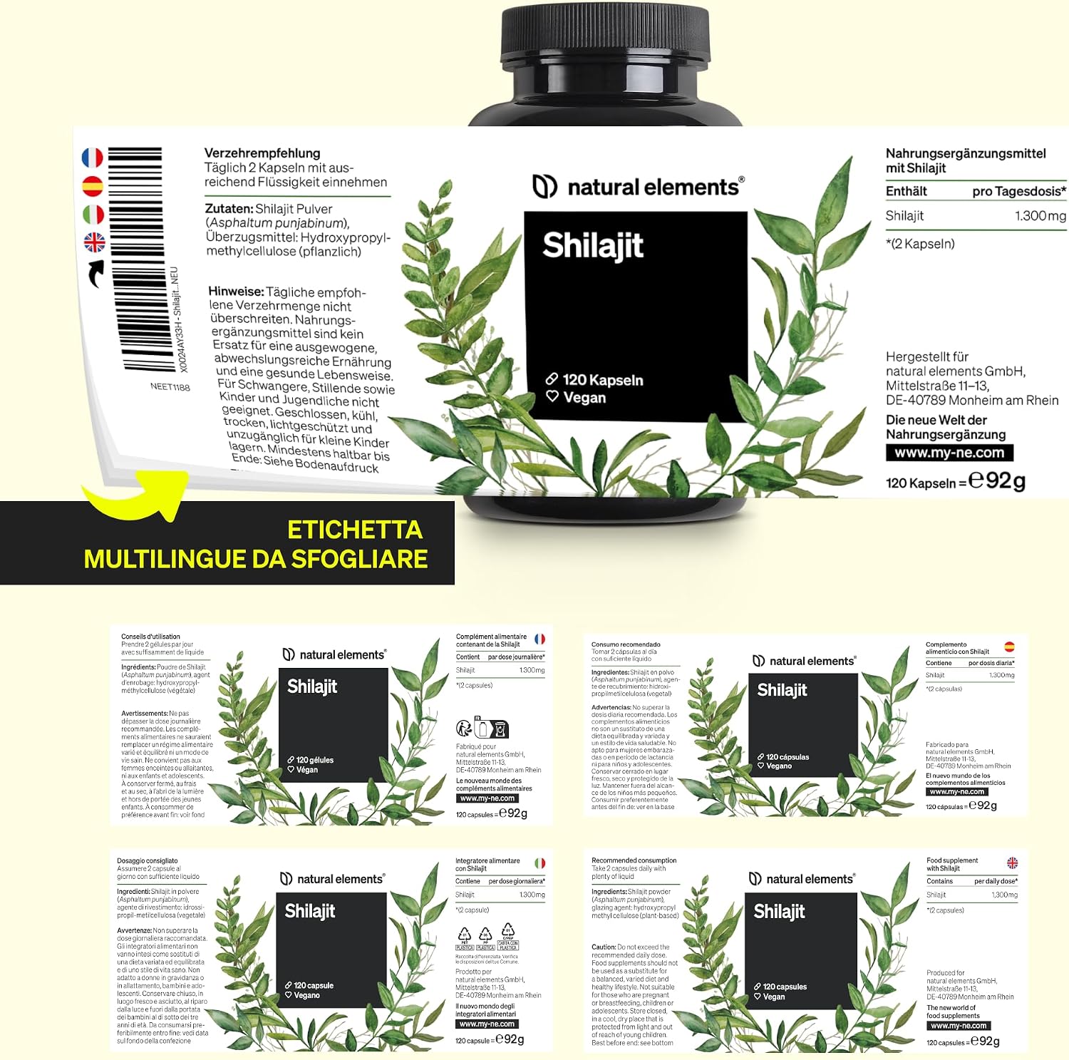 Detalle de natural elements Integratore di Shilajit 1300 mg per dose – 120 capsule vegane (prodotto in Germania, testato in laboratorio)
