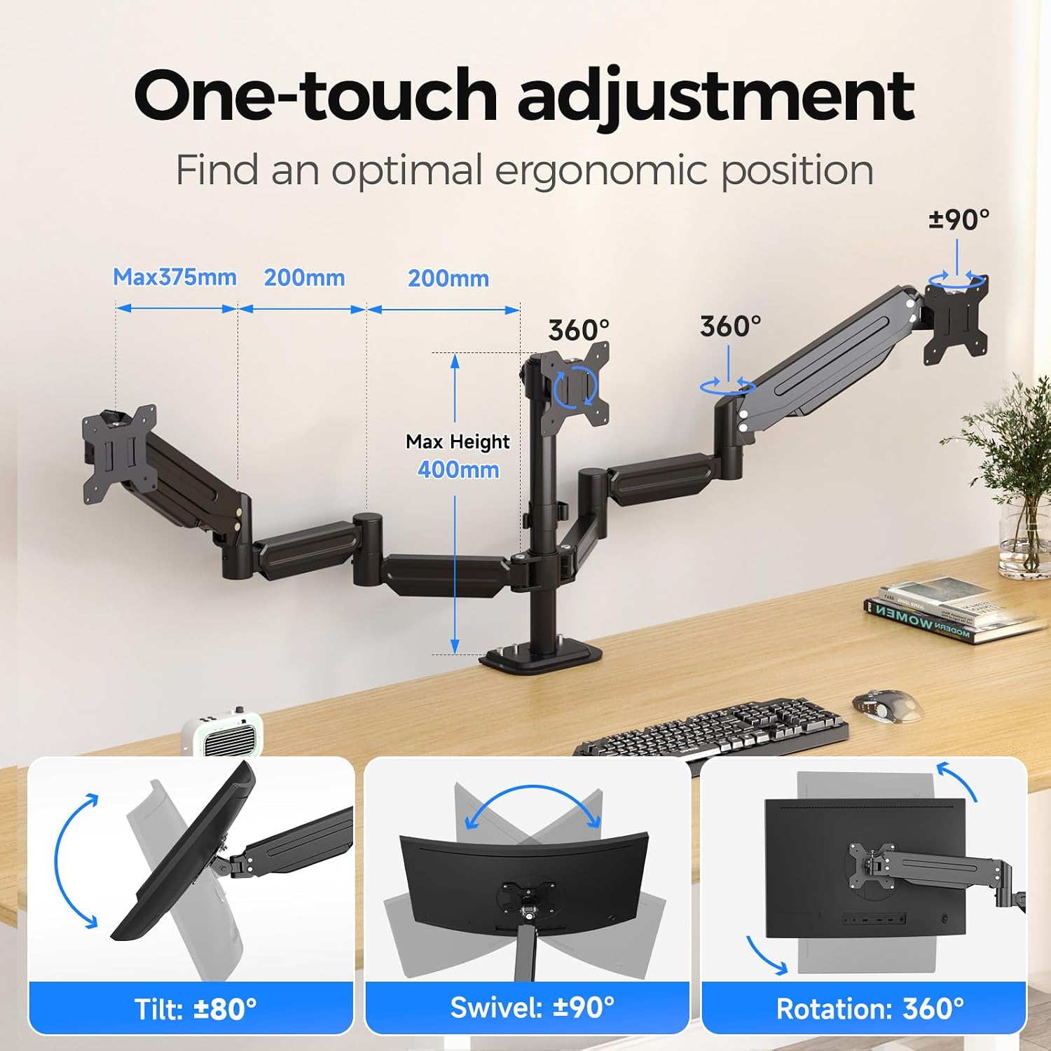Detalle de suptek MD8003 triple monitorarm met gasveren voor schermen van 17 tot 32 inch