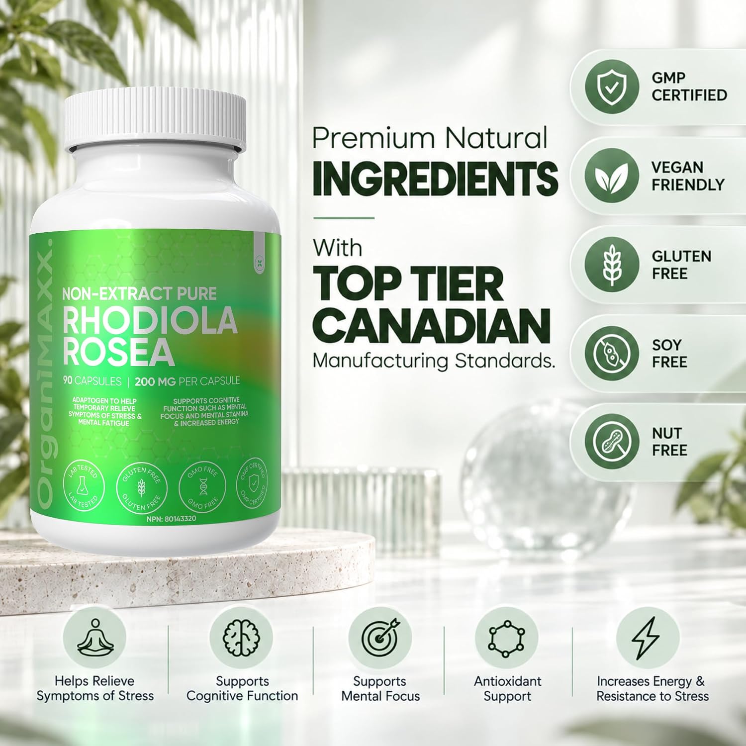 Detalle 2 de OrganiMAXX. Rhodiola Rosea 200 mg Capsules, Non-Extract, 90 Count