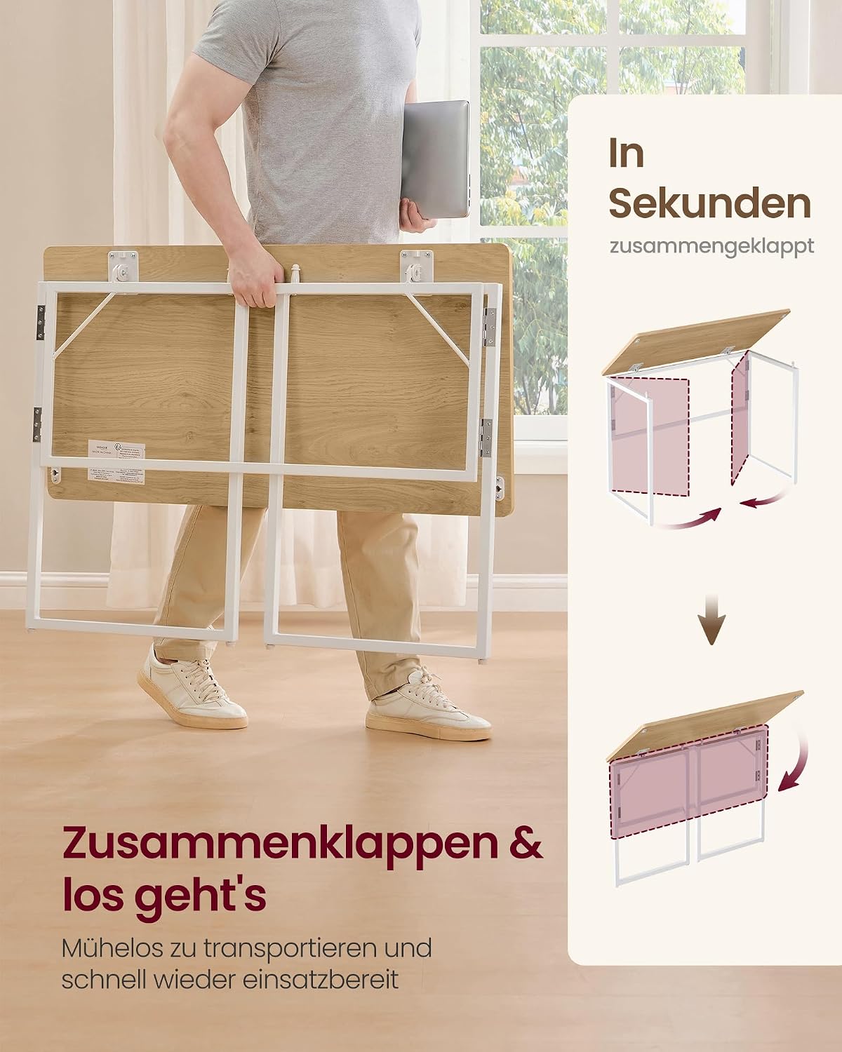 Thumbnail 4 de VASAGLE Klapptisch: Kleiner, tragbarer Computertisch aus einer Platte – 100 x 50 cm