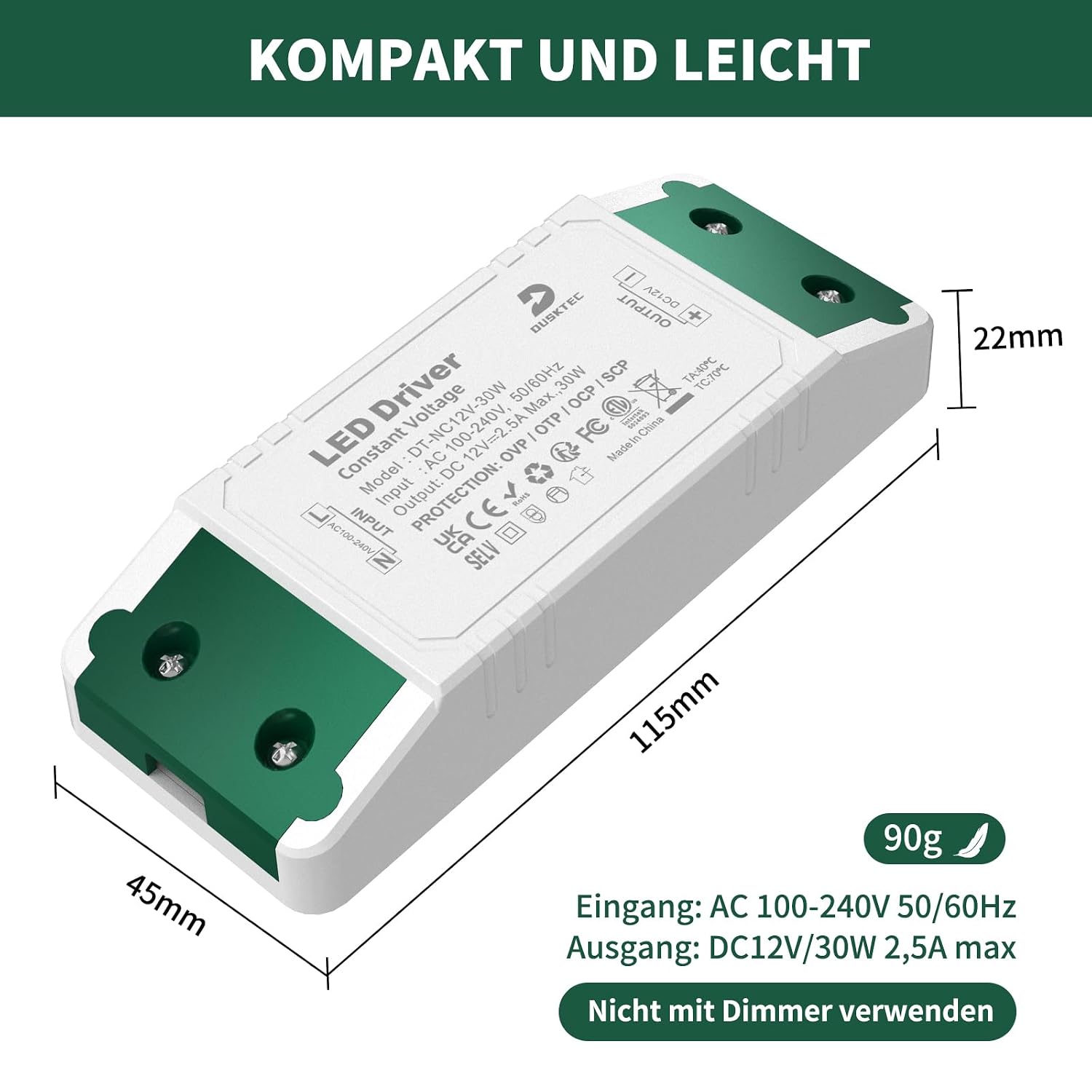 Detalle 2 de DUSKTEC LED Netzteil 12V DC 30W (2,5A) 230V Eingang – LED Trafo Transformator