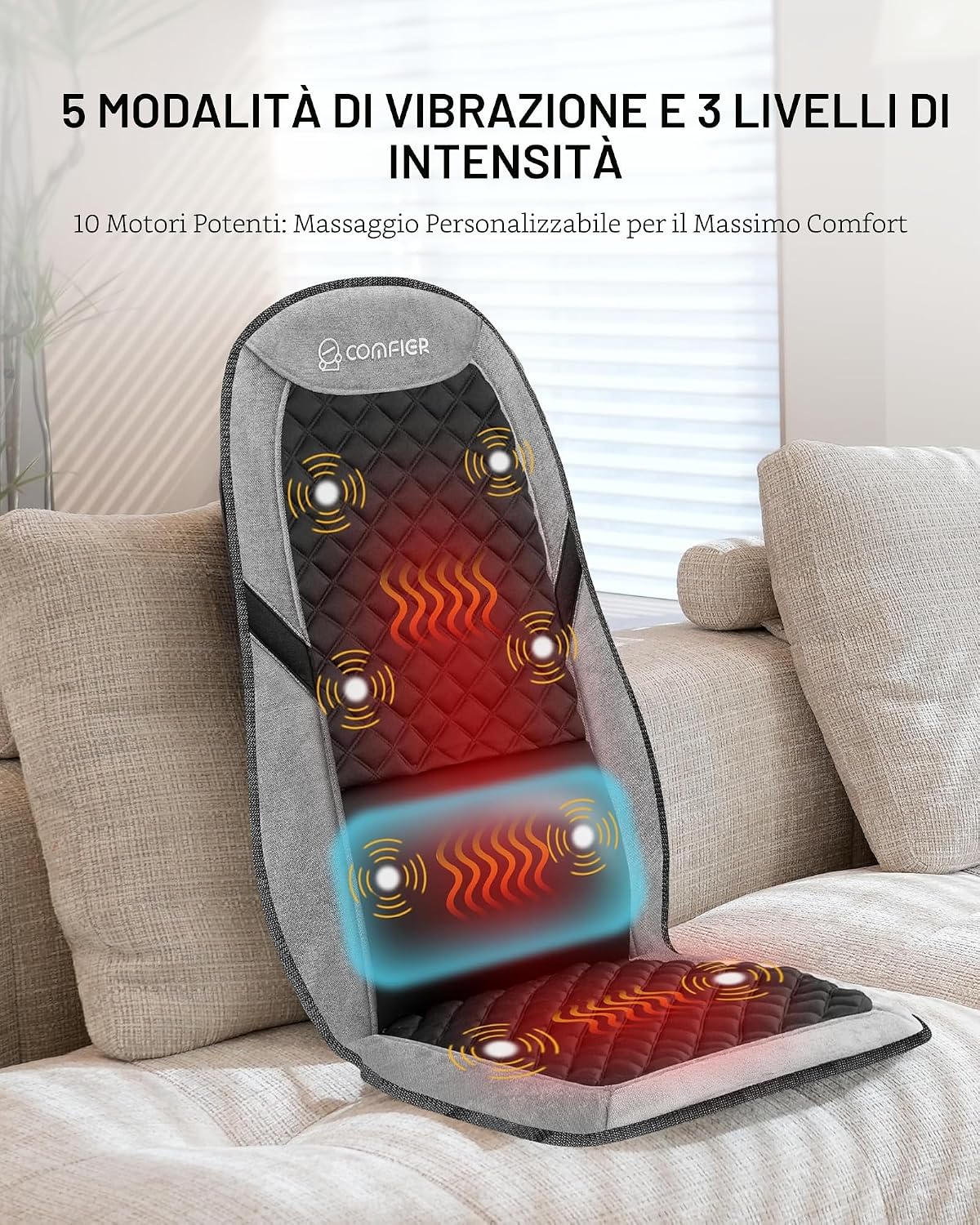 Detalle de COMFIER Massaggiatore per schiena con riscaldamento, supporto lombare regolabile e 5 modalità di vibrazione