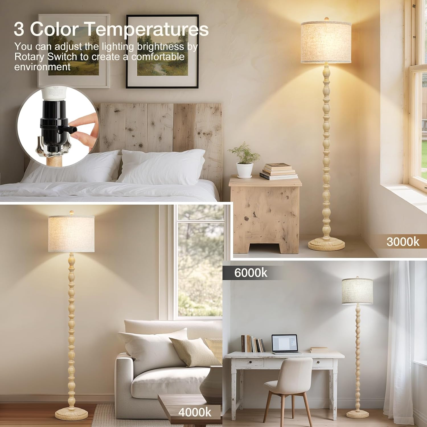 Thumbnail 2 de Luvkczc F00218 Rustic Floor Lamp, 3 Colour Temperatures, Linen Shade