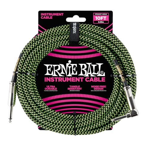 Detalle de Ernie Ball Cable de Instrumento Trenzado 10 ft Recto/Ángulo — Negro/Verde