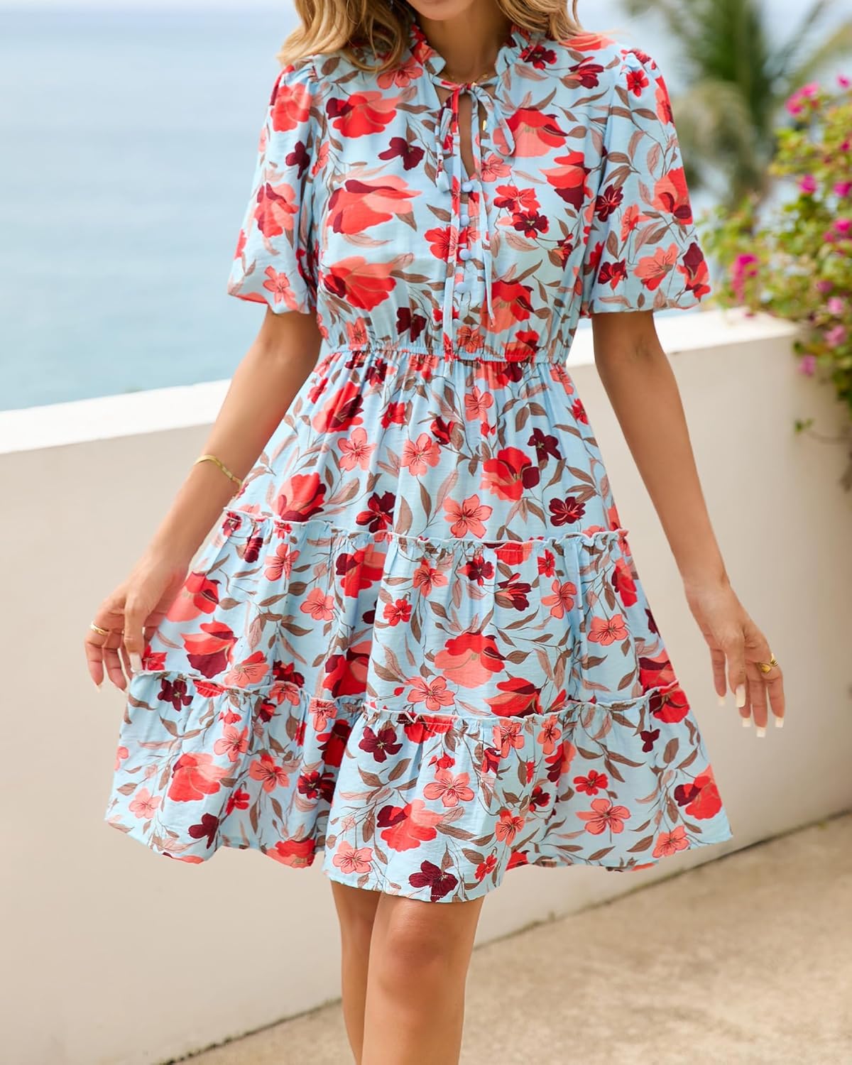 Thumbnail 1 de BTFBM Women Summer Floral Short Dresses: V-Neck A-Line Boho Mini for Warm-W weather