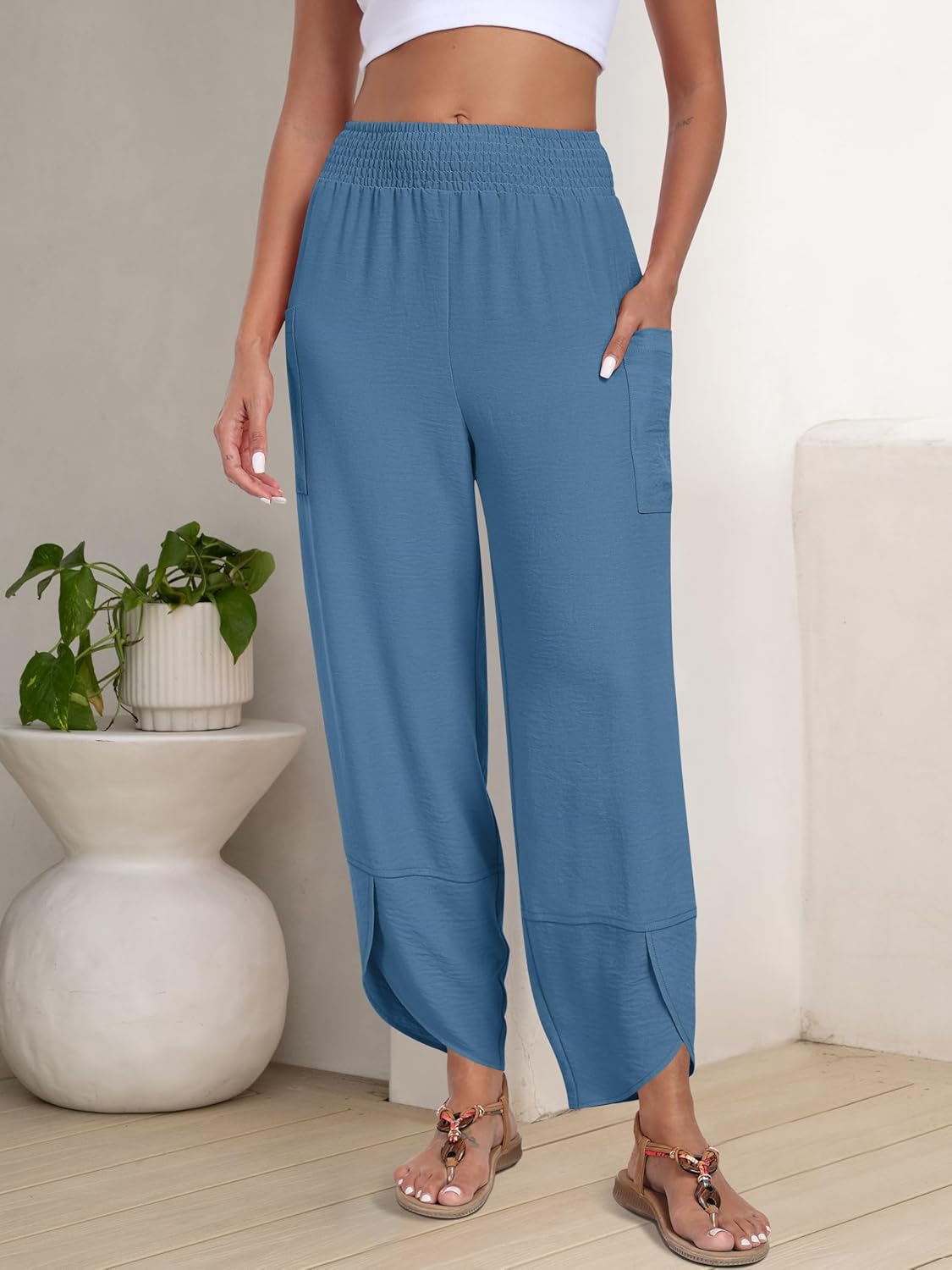 Thumbnail 2 de ANRABESS Women’s Wide-Leg Palazzo Capri Pants (Summer High-Waisted) — Loose, Cropped Lounge Trousers