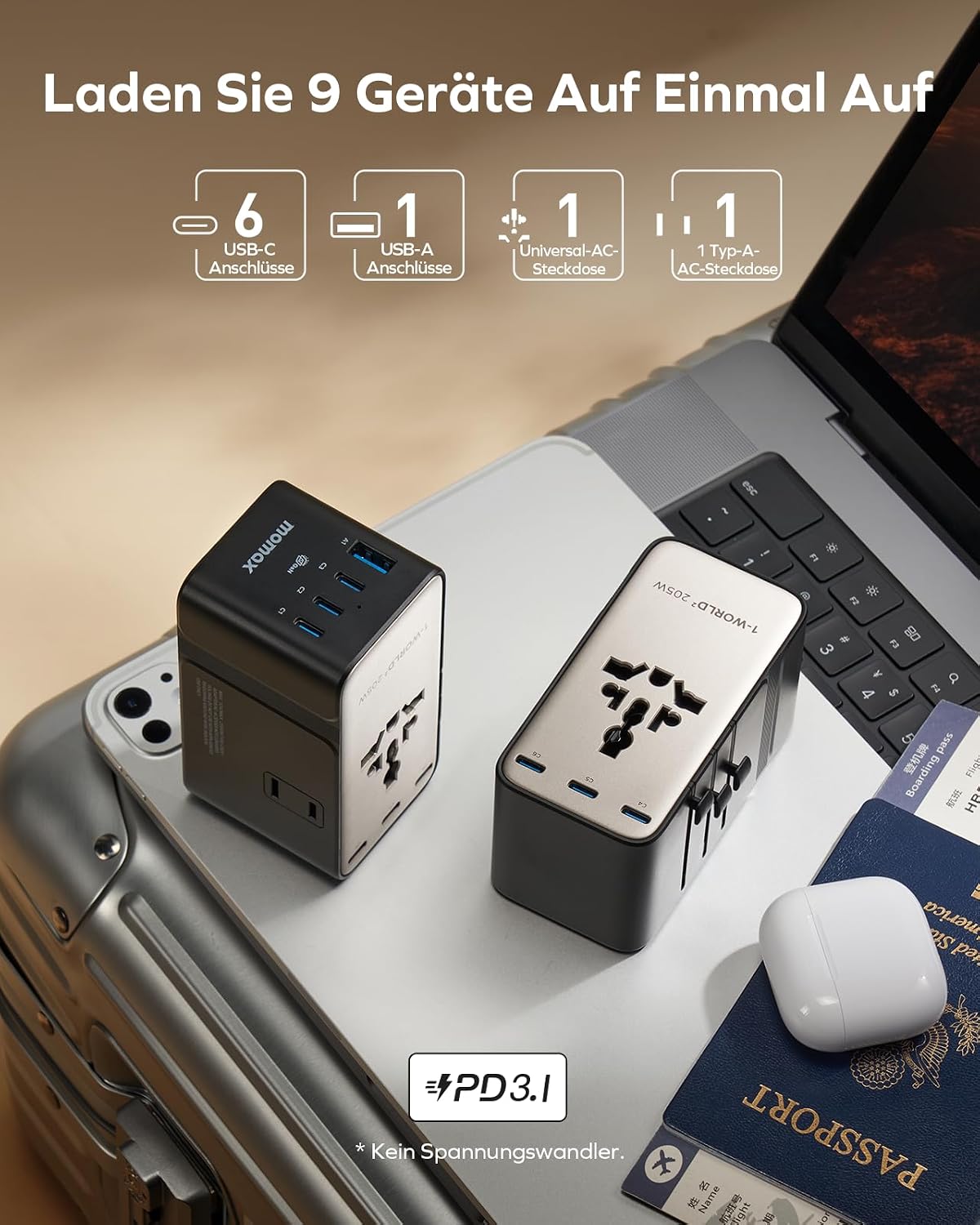 Detalle de MOMAX Reiseadapter Weltweit 205W GaN Hochleistungs – 9-in-1 Travel Adapter mit 2 AC, 6 USB-C, 1 USB-A
