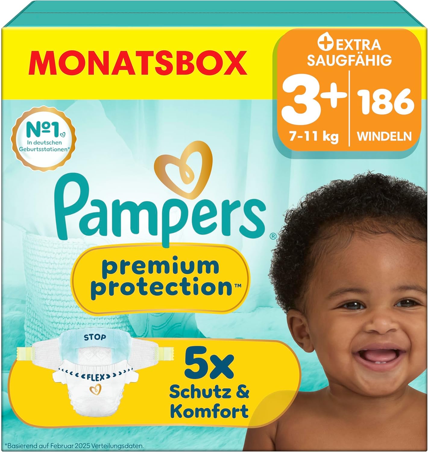 Detalle de Pampers Premium Protection Größe 3+, 186 Windeln, 7 kg–11 kg – Haut- und Auslaufschutz